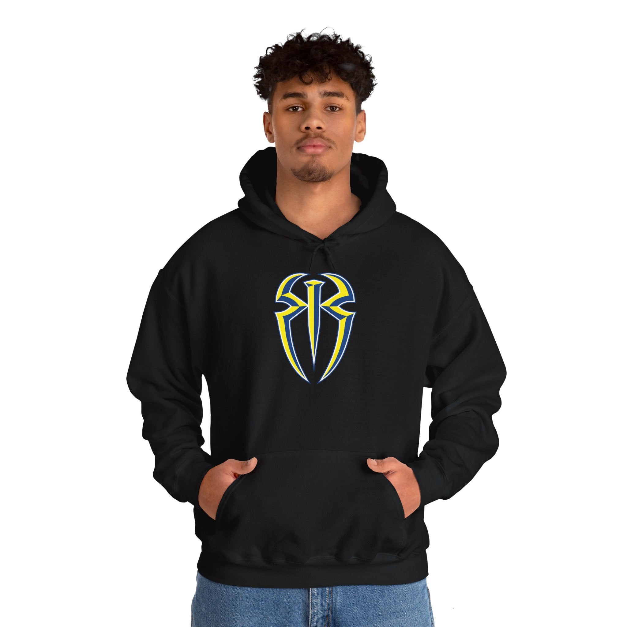 Roman Reigns White-Blue-Yellow Design Hoodies, Gift for Her - Gift for Him, Sports Fan Wrestling Unisex Hooded Sweatshirt, Casual Outwear