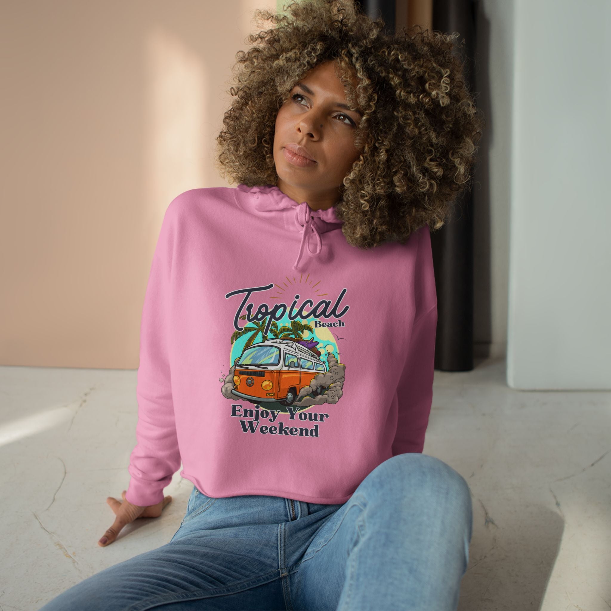 Tropical Casual Hoodie, Women's Cropped Sweatshirt Fleece Pullover, Crop Hoodie for Women, Long Sleeve Crop Top, Cozy Cropped Hooded