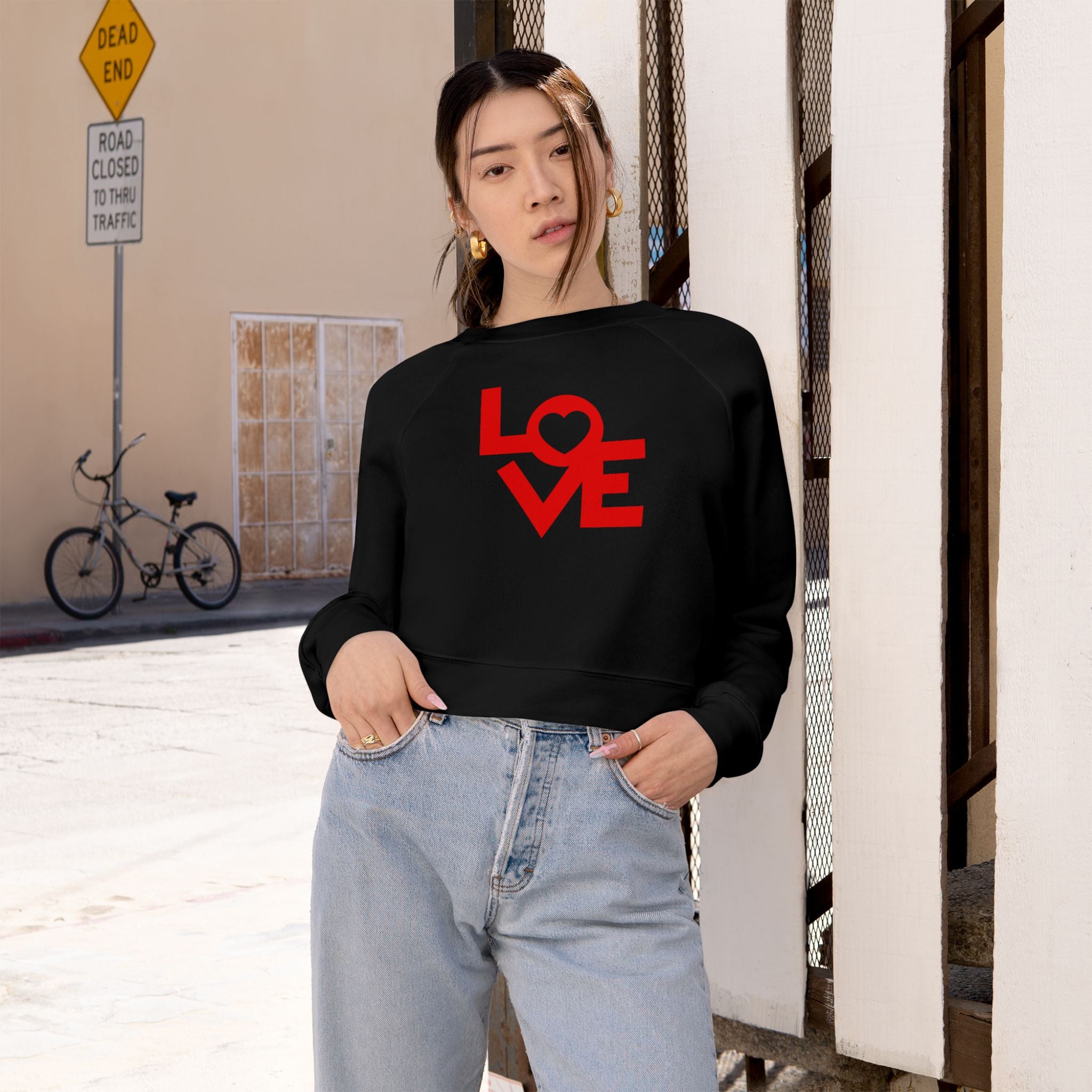 LOVE Graphic Cropped Fleece Pullover, Valentines Gift for Her, Long Sleeve Women's Shirt, Casual Pullover Top, Graphic Shirt Valentines