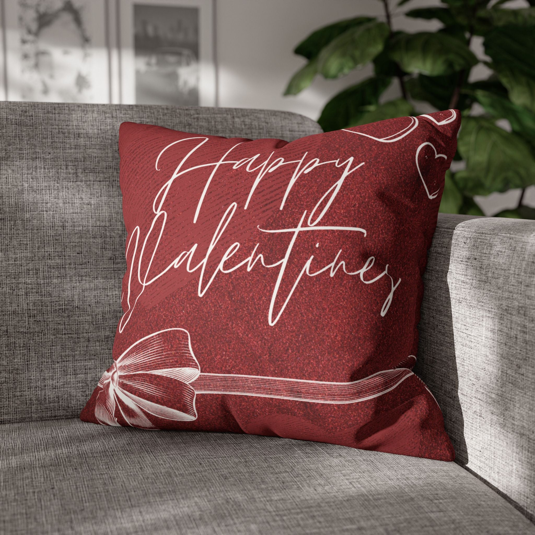 Square Pillowcase - Elegant Happy Valentines - Decorative Pillows Cushion Covers for Couch Chair Bedroom Valentines Decorative, Faux Suede, Home Decor