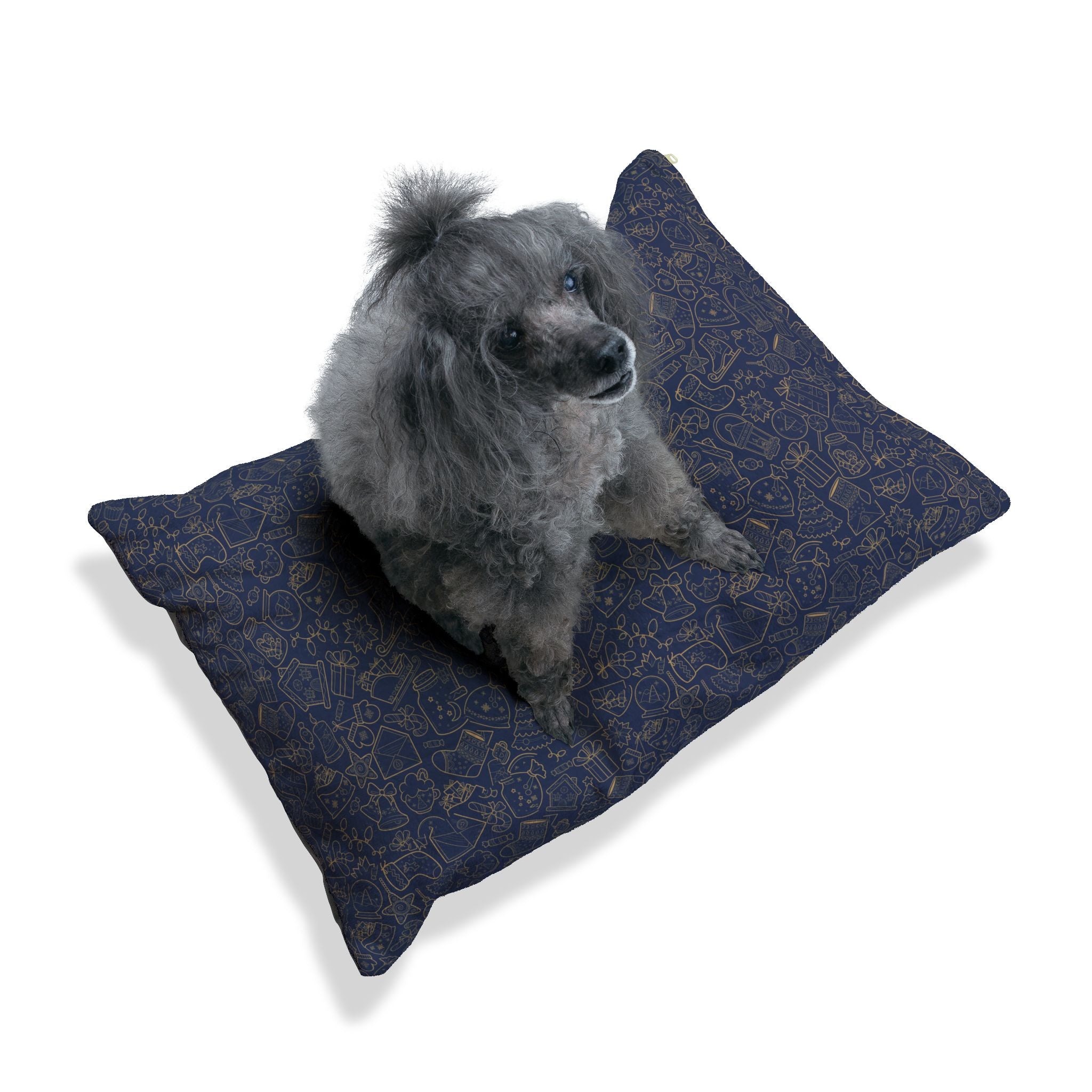 Blue & Gold Christmas Pattern Pet Bed - Cat and Dog Bed, Anti-Anxiety Pet Bed, Calming Dog Bed for Puppy, Cozy Cat Bed, Fluffy Dog Beds, Washable Puppy Bed for Indoor Pets