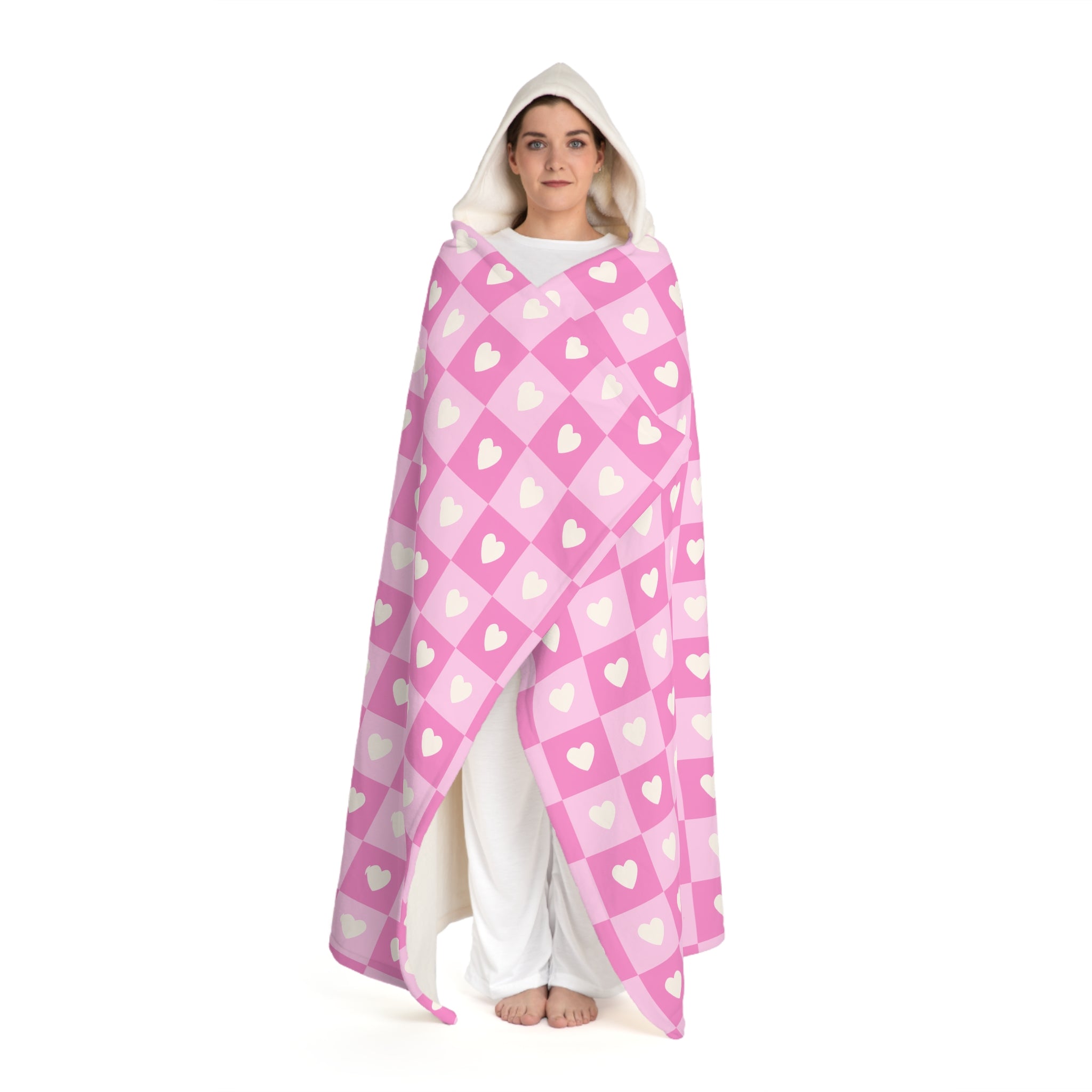 Pink Retro Checkerboard Sherpat Fleece Hoodie Blanke - Valentines Day Gifts for Her, Wife, Anniversary, Wearable Blanket, Birthday Gifts, Hooded Blanket