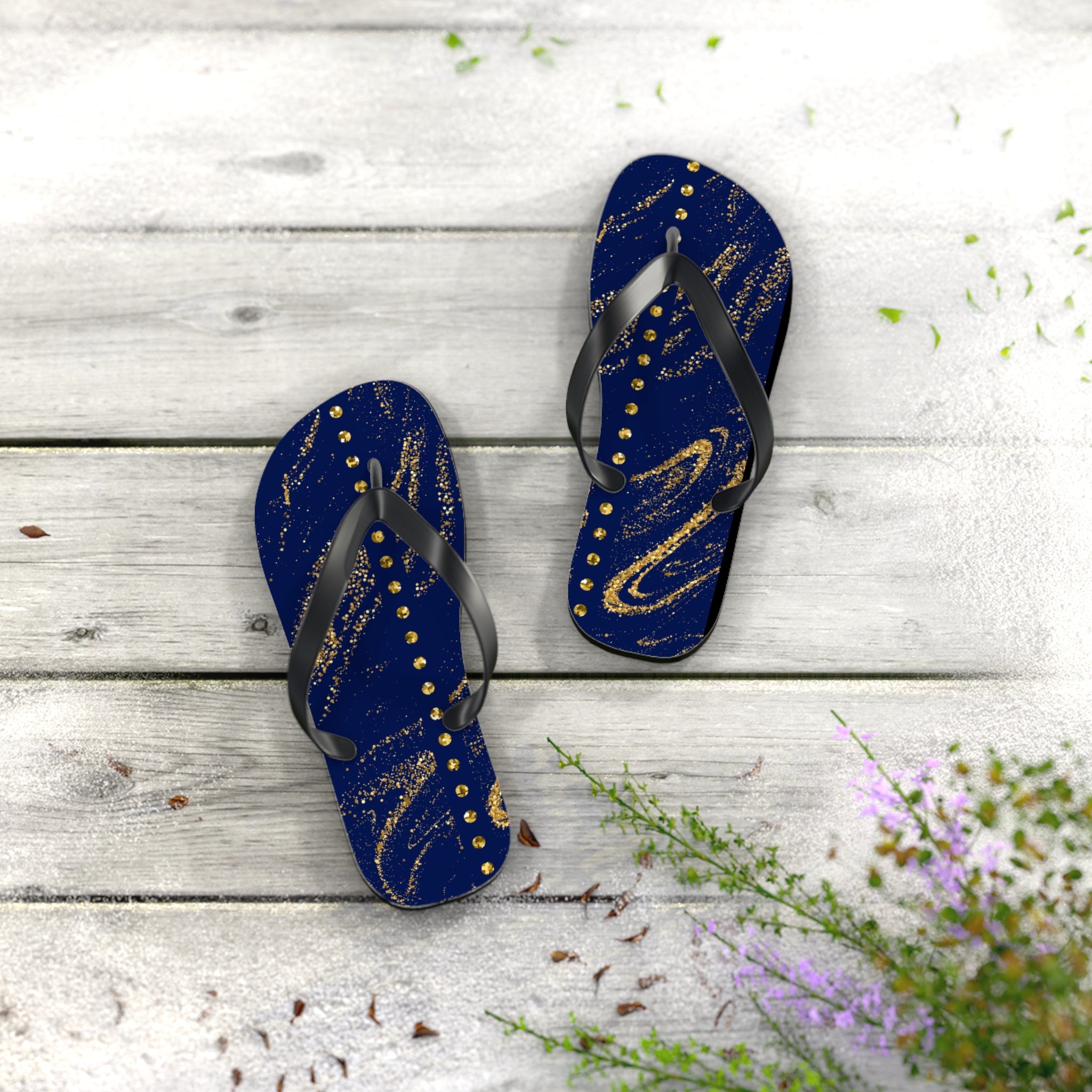 Dark Blue and Gold, Flip Flops for Women, Cute Designs, Everyday Use, Indoor Sleepers