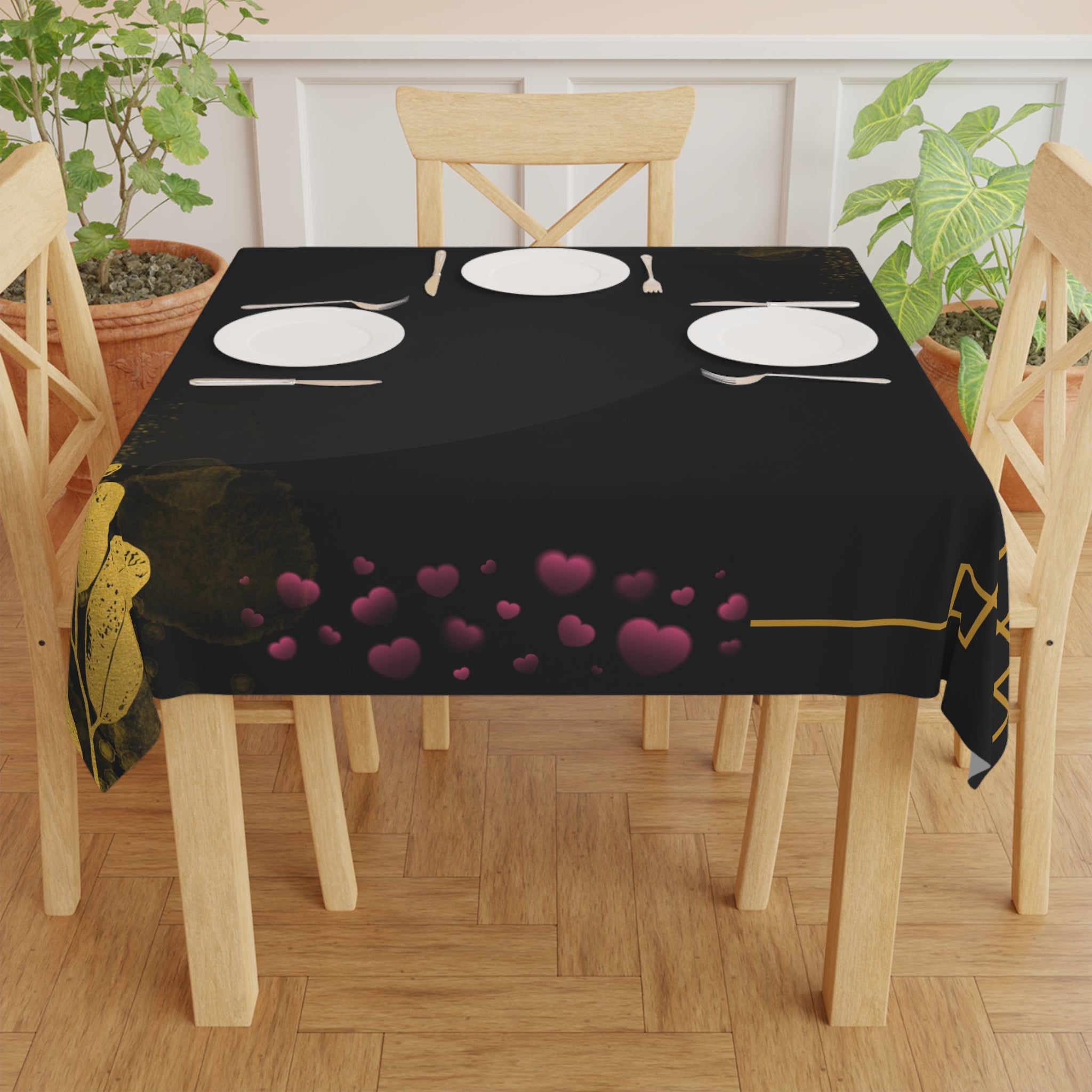 Elegant Black  Gold Valentine's Day Tablecloth, Romantic Table Cover, Washable Tablecloth for Party, Picnic, Dinner Date Decor, Valentines Day