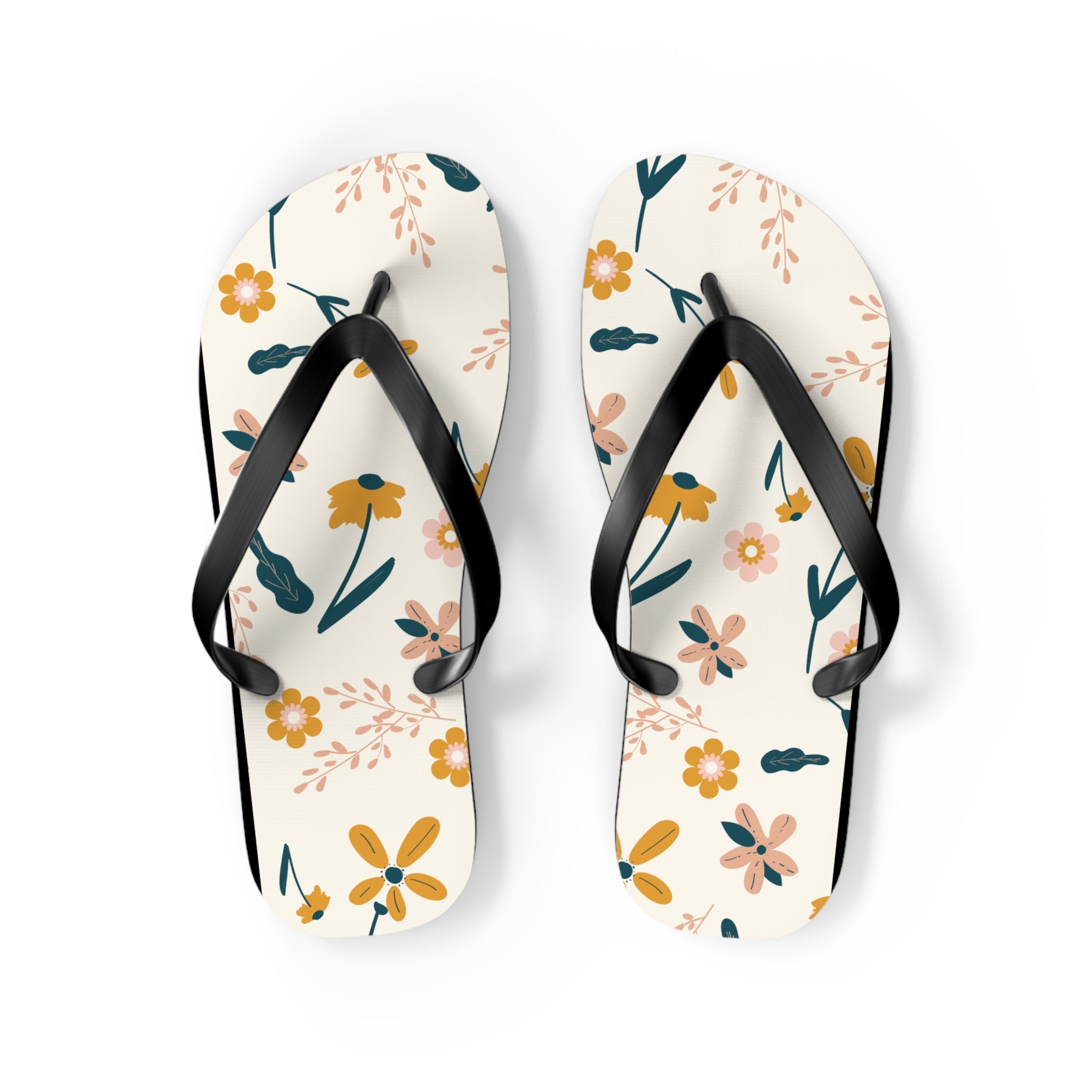 Cream and Orange Creative Floral, Flip Flops for Women, Cute Designs, Everyday Use, Indoor Sleepers