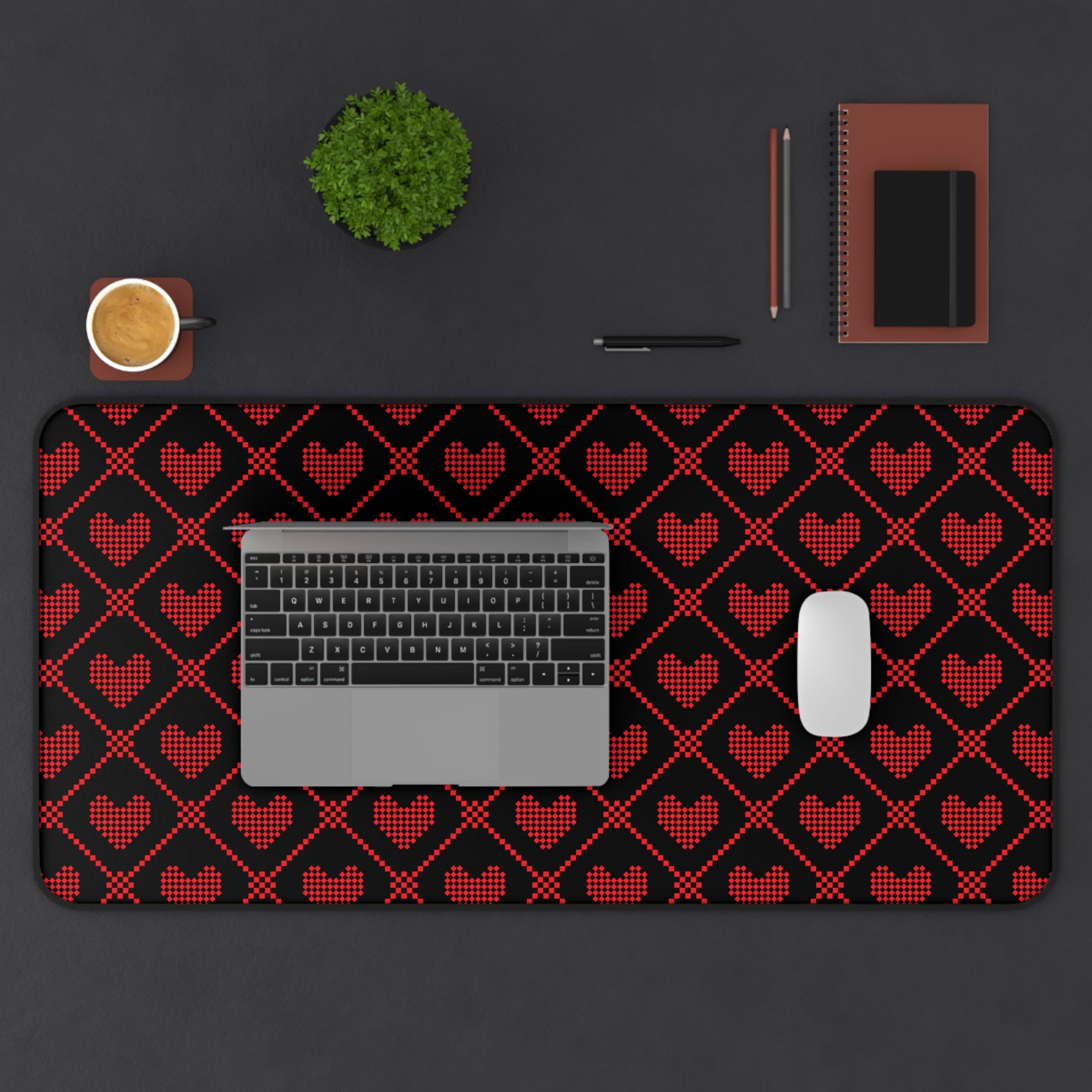 Black Red Pixel Heart Pattern, Valentines Gift, Mouse Pad, Desk Matt for Desktop, Cute Desk Pad Mat, XXL Large Mouse Pad for Desk, Anti-Slip Big Mousepad with Stitched Edges, Keyboard Pad Mouse Mat for Computer