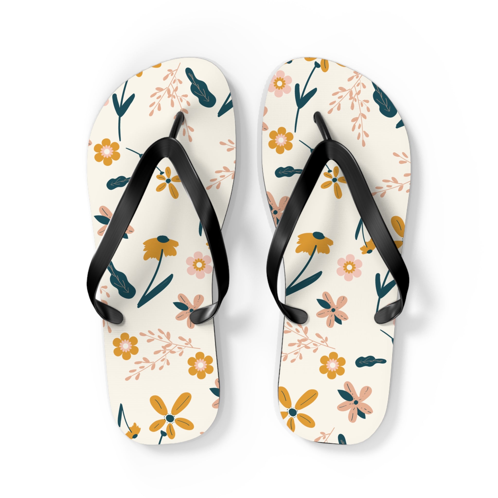 Cream and Orange Creative Floral, Flip Flops for Women, Cute Designs, Everyday Use, Indoor Sleepers