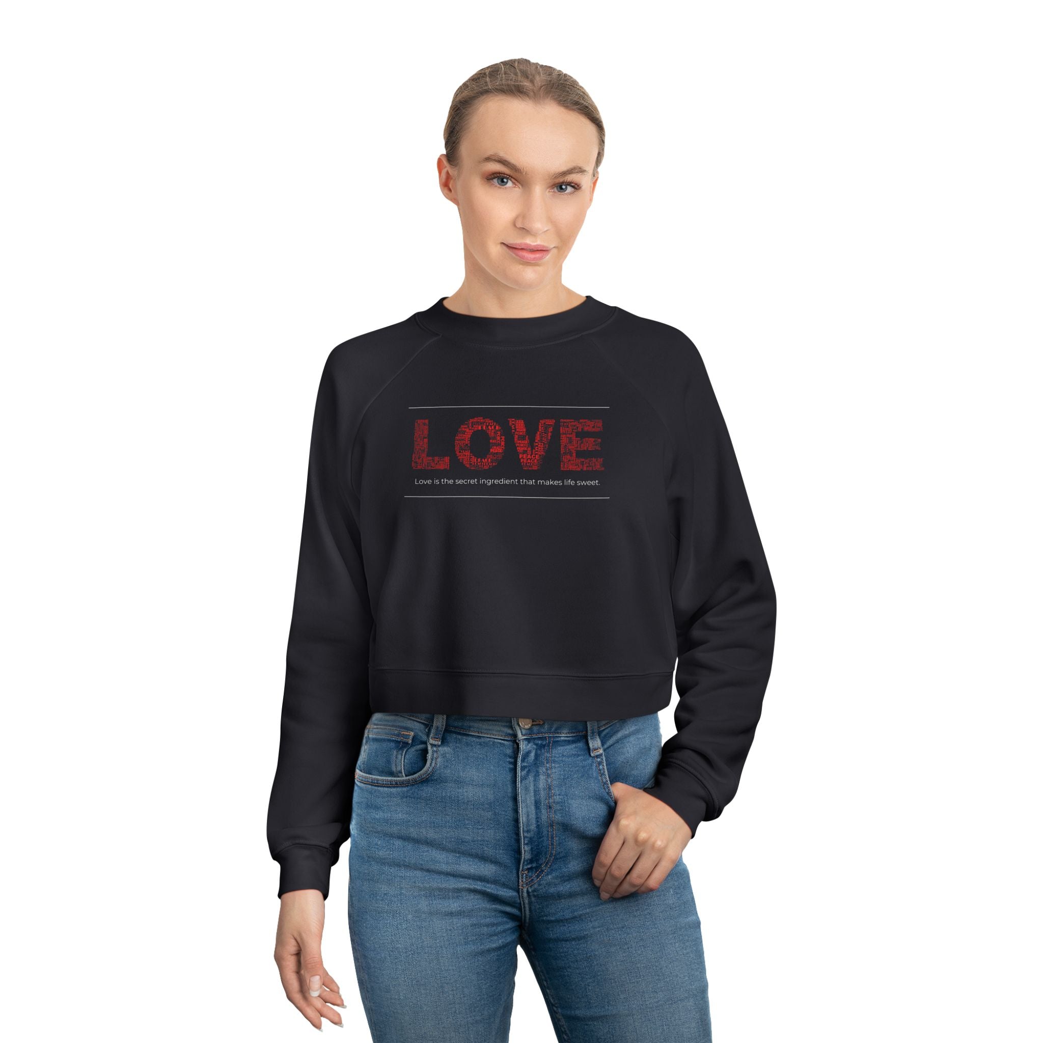 LOVE Modern Graphic Cropped Fleece Pullover, Valentines Gift for Her, Long Sleeve Women's Shirt, Casual Pullover Top, Graphic Heart