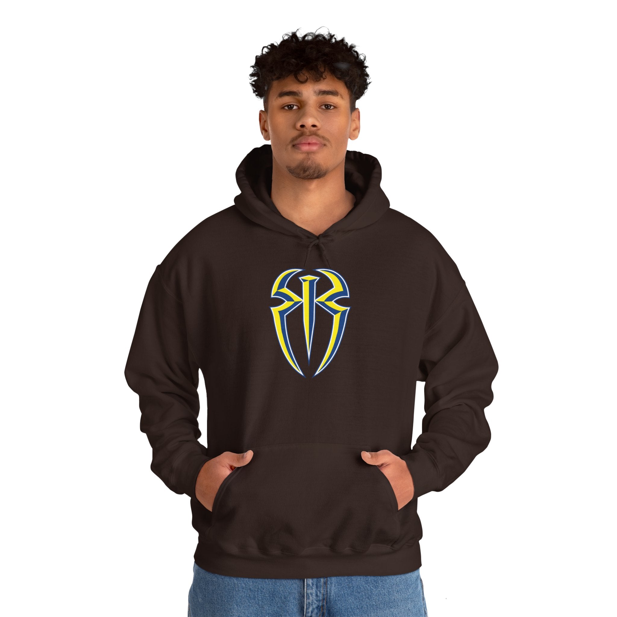 Roman Reigns White-Blue-Yellow Design Hoodies, Gift for Her - Gift for Him, Sports Fan Wrestling Unisex Hooded Sweatshirt, Casual Outwear