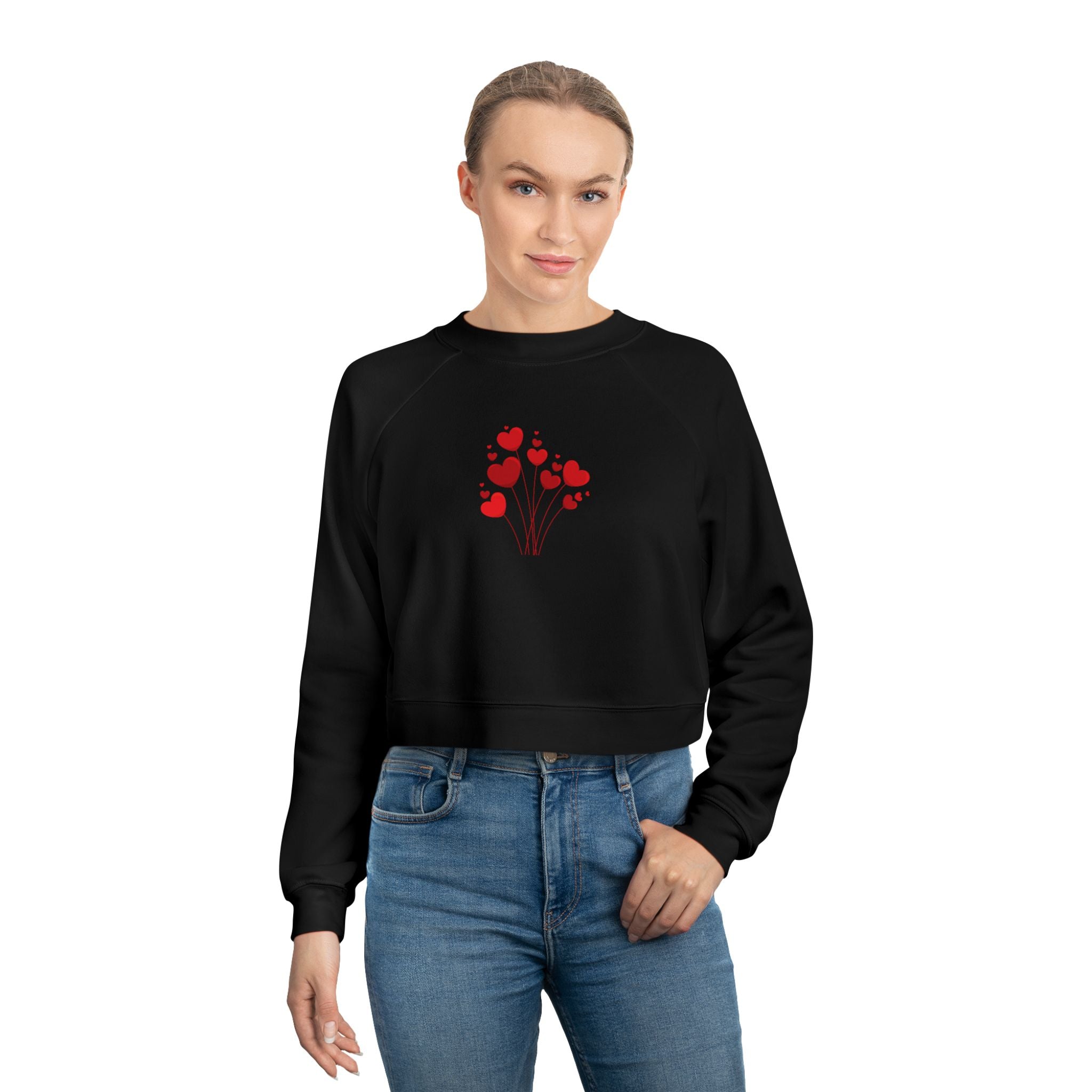 Red Cute Valentines' Cropped Fleece Pullover, Valentines Gift for Her, Long Sleeve Women's Shirt, Casual Pullover Top, Graphic Shirt Valentines Gift for Teachers