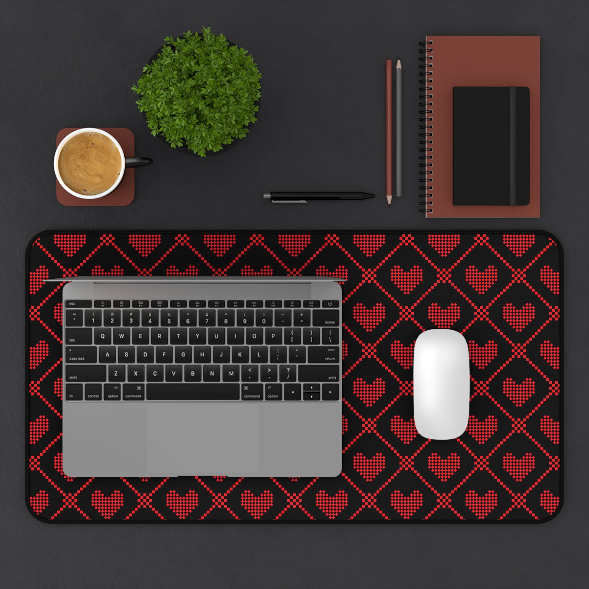 Black Red Pixel Heart Pattern, Valentines Gift, Mouse Pad, Desk Matt for Desktop, Cute Desk Pad Mat, XXL Large Mouse Pad for Desk, Anti-Slip Big Mousepad with Stitched Edges, Keyboard Pad Mouse Mat for Computer