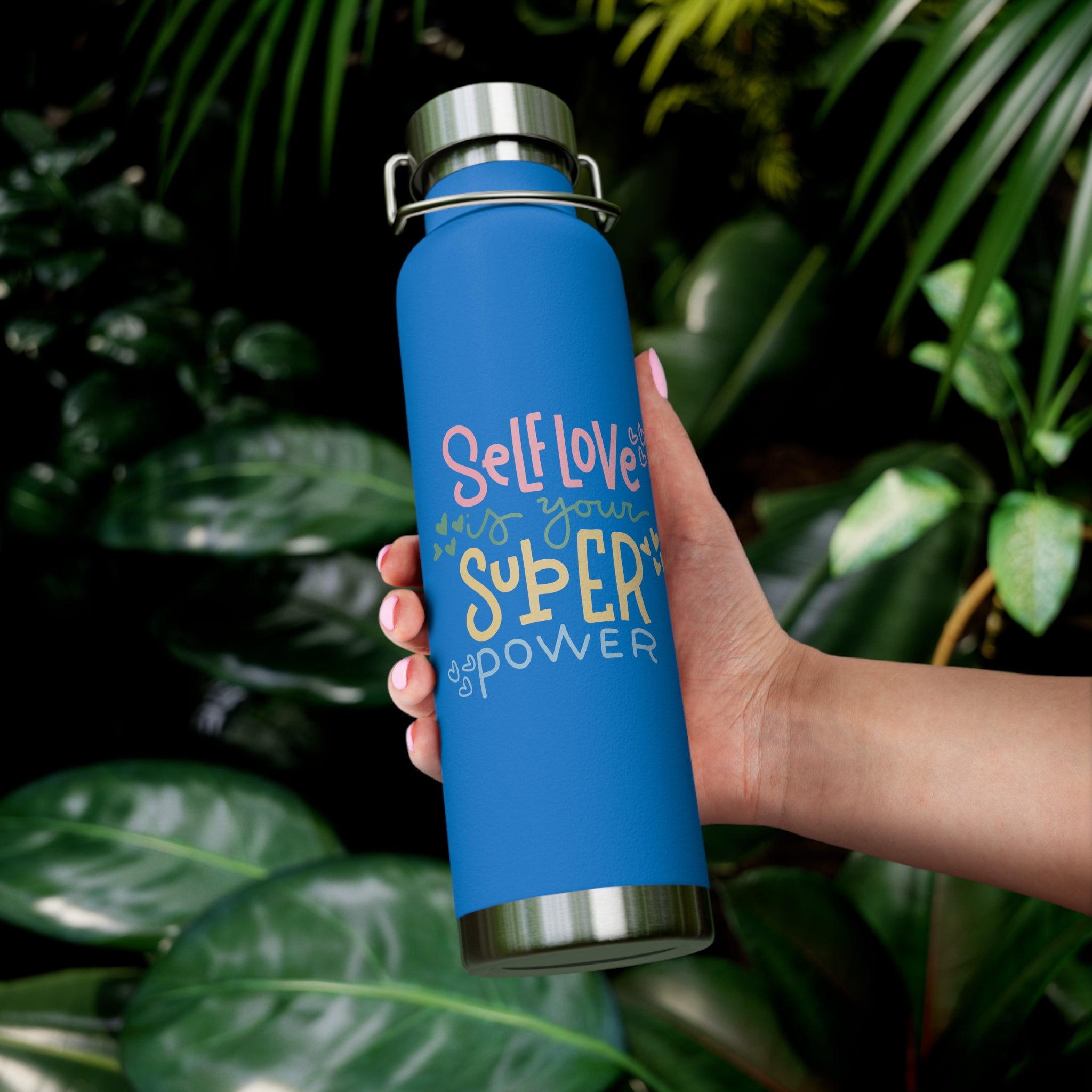 "Self Love Is Your Super Power" Copper Water Bottle, Inspirational Quote, Gift Tumbler, 22oz, Motivational Drinkware, Stainless Steel Thermos