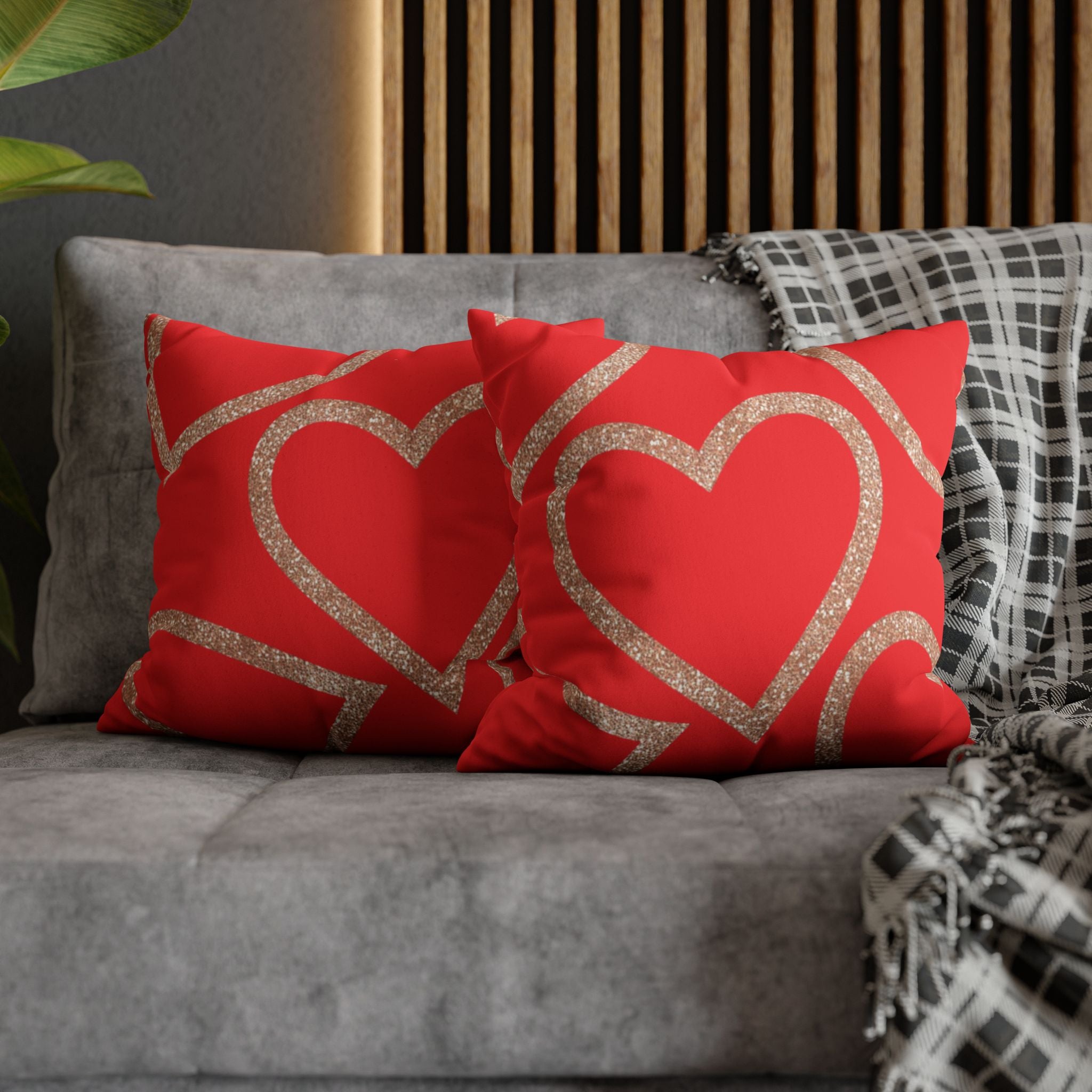 Square Pillowcase - Elegant Red Heart Love - Decorative Pillows Cushion Covers for Couch Chair Bedroom Valentines Decorative, Faux Suede, Home Decor