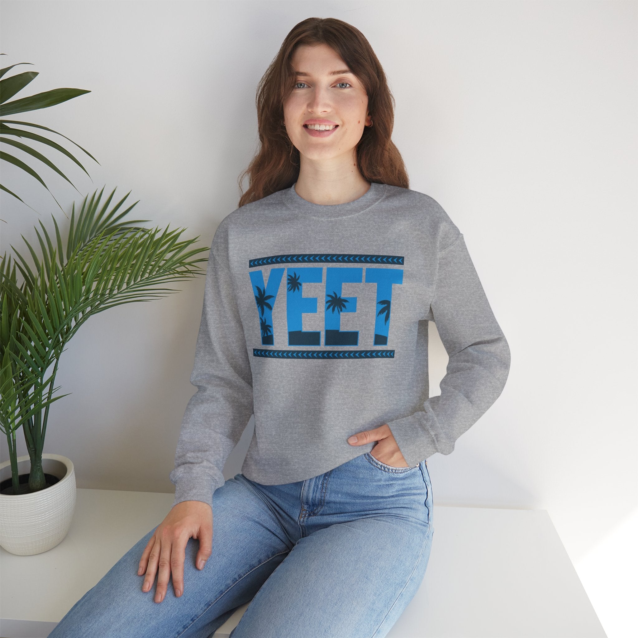 Blue Grey Yeet Palm Tree Sweatshirt, Wrestling Fan Unisex Sweatshirt - Gift for Him or Her, Casual Outwear, Heavy Blend Crewneck Sweatshirt