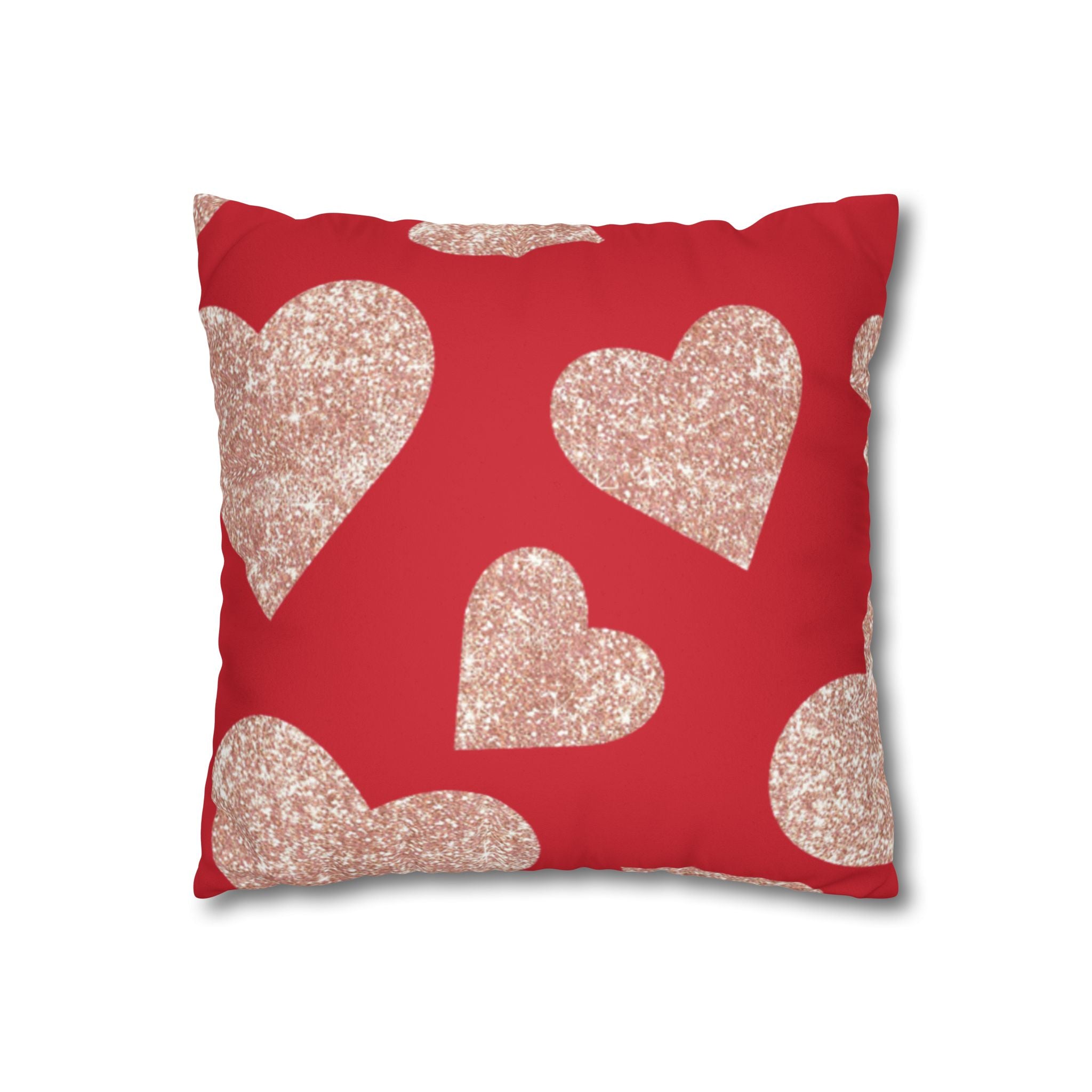 Square Pillowcase - Red and Gold Heart - Decorative Pillows Cushion Covers for Couch Chair Bedroom Valentines Decorative, Faux Suede, Home Decor