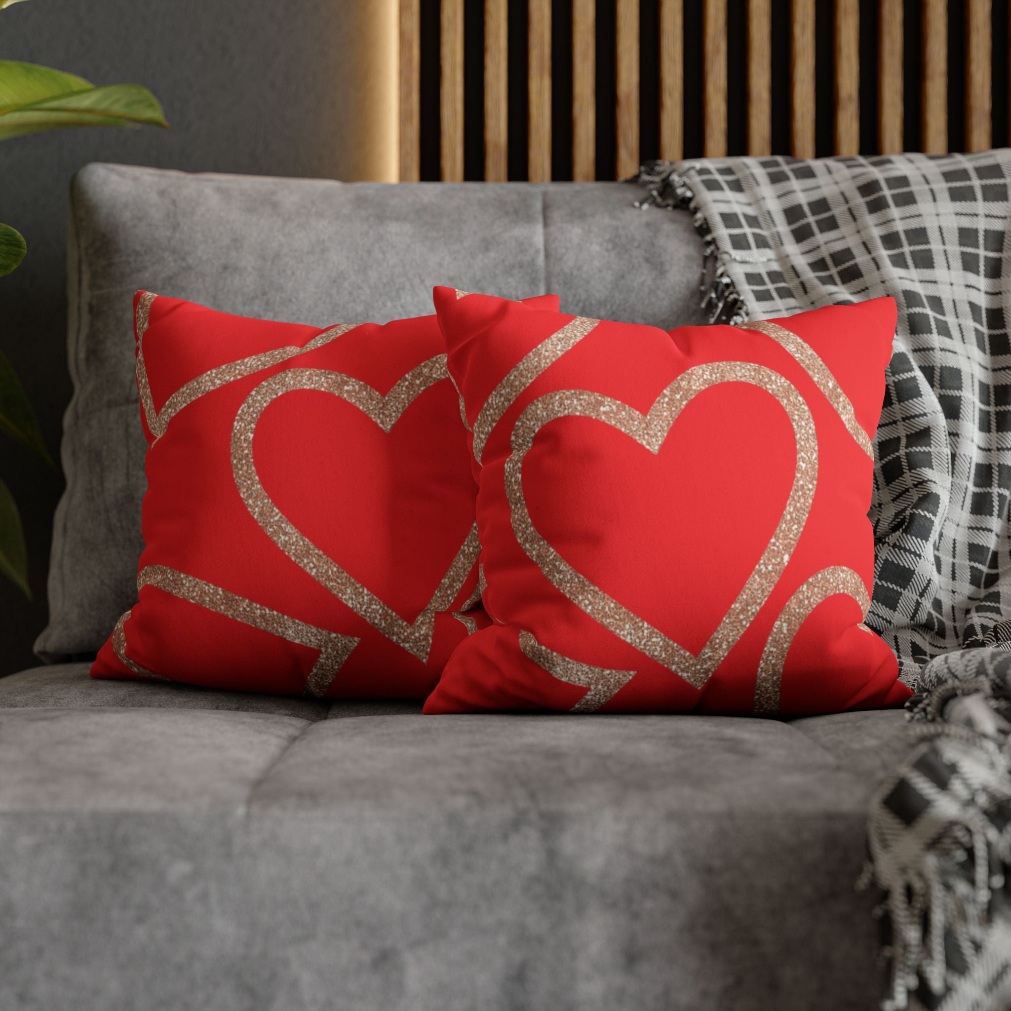 Square Pillowcase - Elegant Red Heart Love - Decorative Pillows Cushion Covers for Couch Chair Bedroom Valentines Decorative, Faux Suede, Home Decor