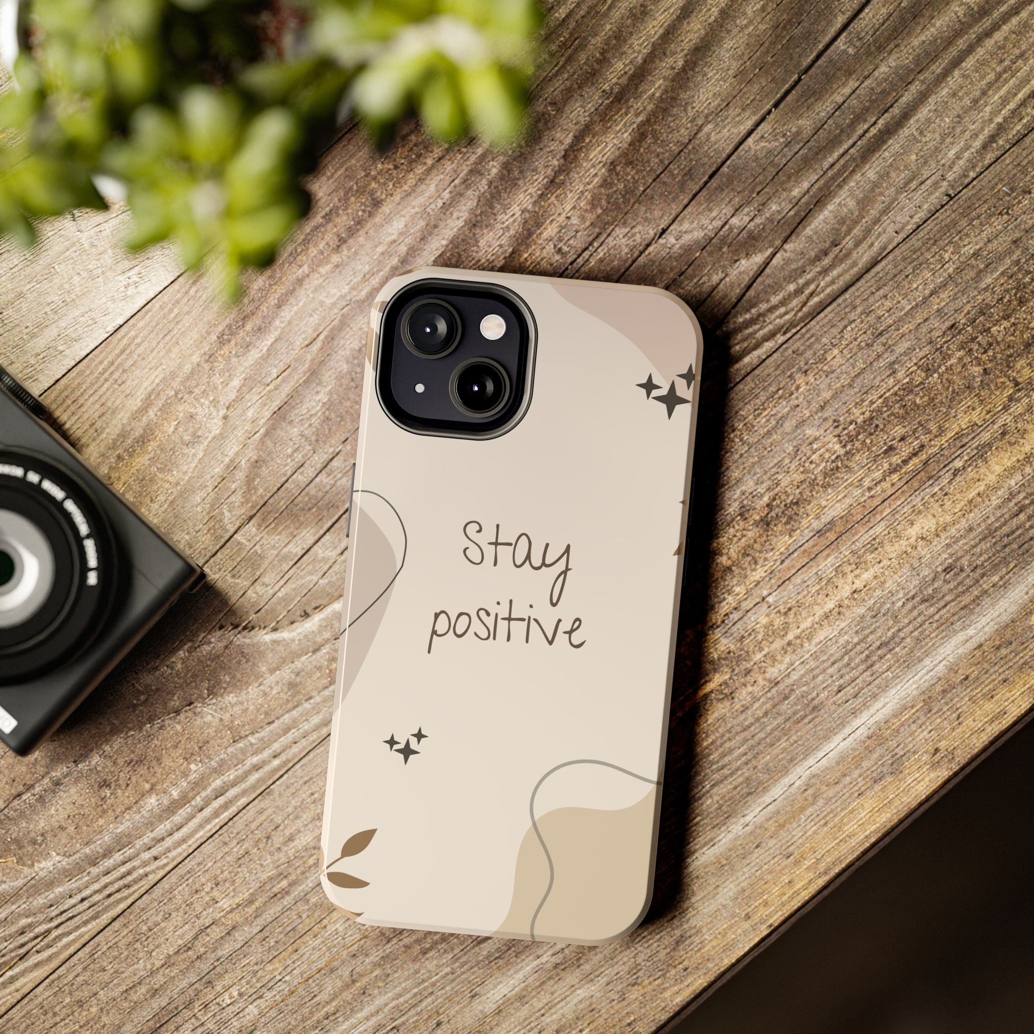 "Stay Positive" Cream Beige Aesthetic Design, Elegant Phone Cases, Stylish Phone Covers, Chic Phone Protectors, Fashionable Case for Her, Trendy Smartphone Accessories