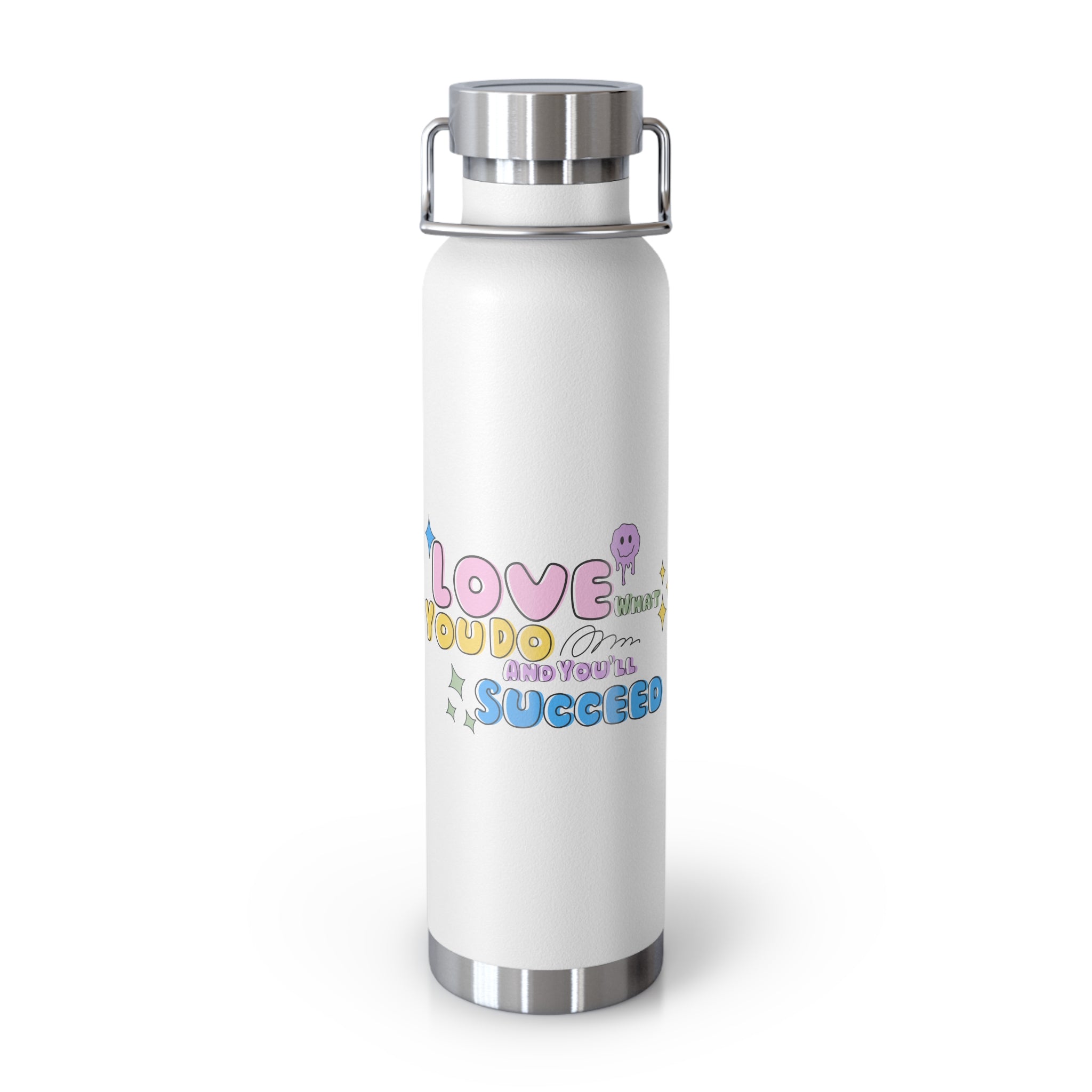 "Love What You Do and You'll Succeed " Copper Water Bottle, Inspirational Quote, Gift Tumbler, 22oz, Motivational Drinkware, Stainless Steel Thermos