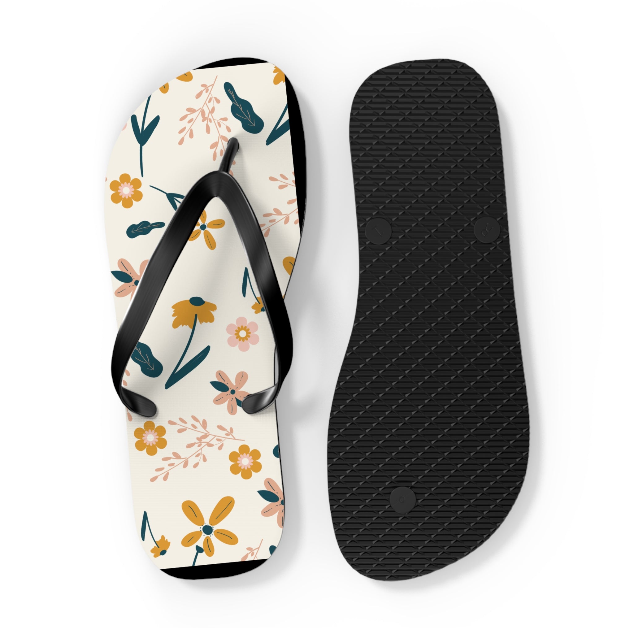 Cream and Orange Creative Floral, Flip Flops for Women, Cute Designs, Everyday Use, Indoor Sleepers