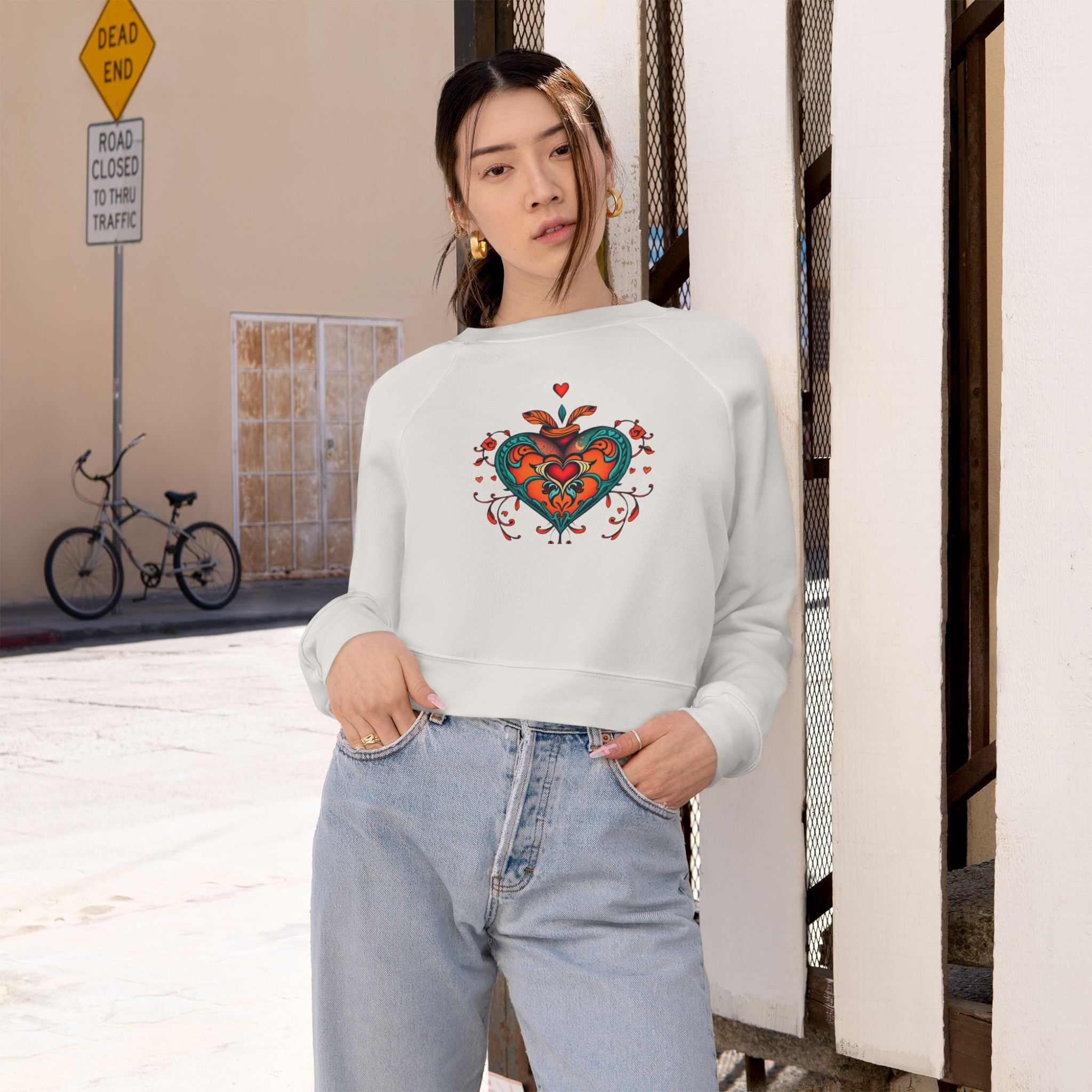 Heart Graphic Cropped Fleece Pullover, Valentines Gift for Her, Long Sleeve Women's Shirt, Casual Pullover Top, Graphic Heart