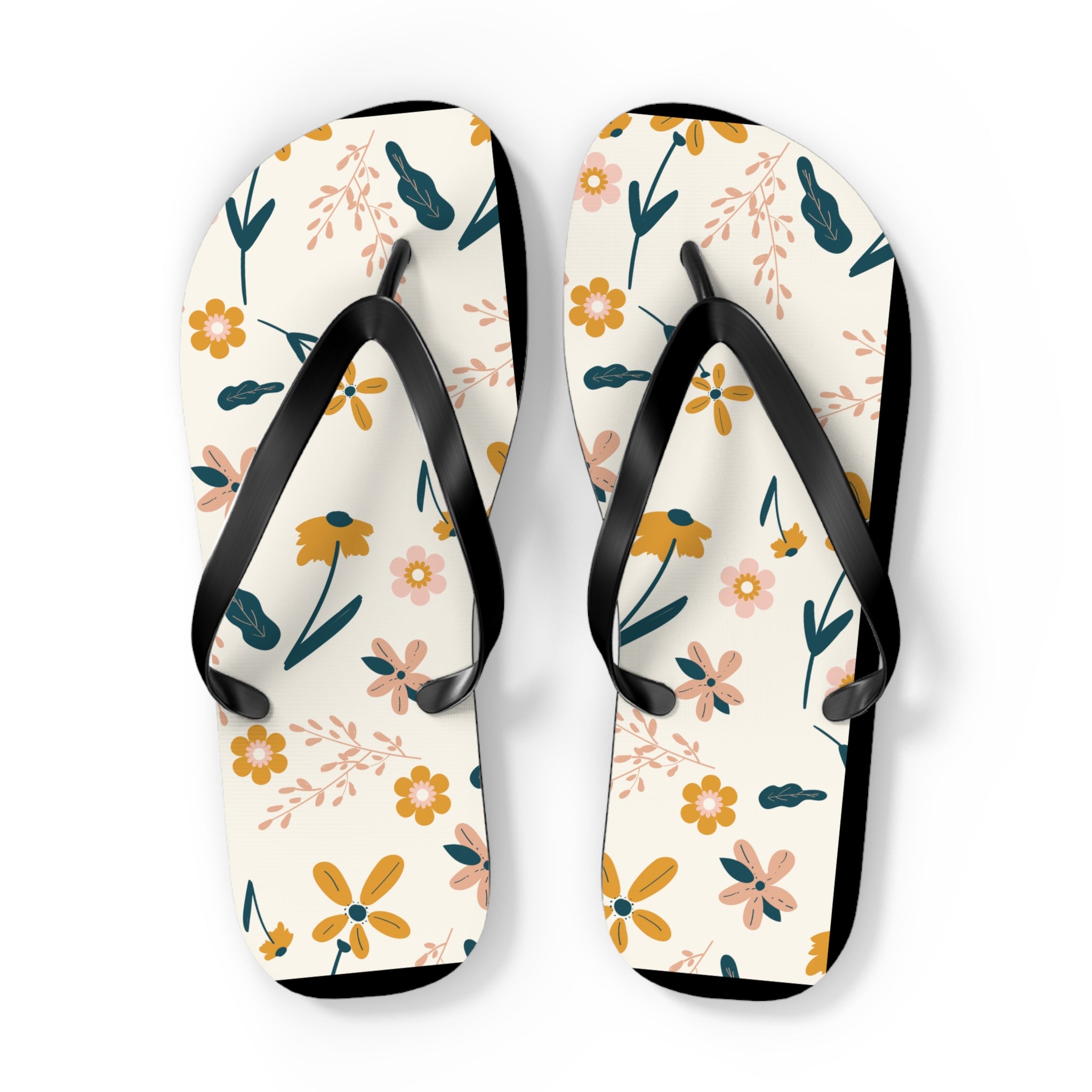 Cream and Orange Creative Floral, Flip Flops for Women, Cute Designs, Everyday Use, Indoor Sleepers