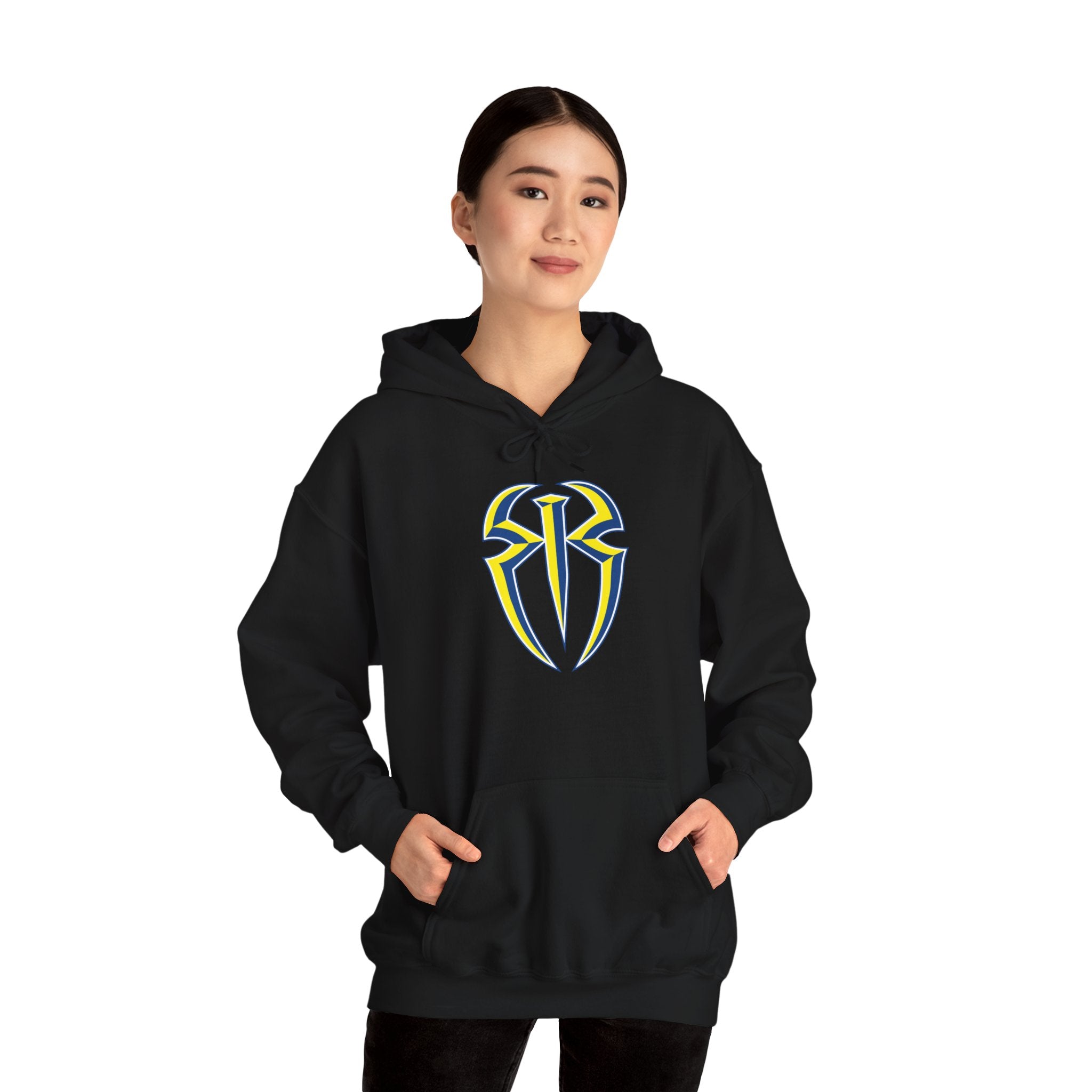 Roman Reigns White-Blue-Yellow Design Hoodies, Gift for Her - Gift for Him, Sports Fan Wrestling Unisex Hooded Sweatshirt, Casual Outwear