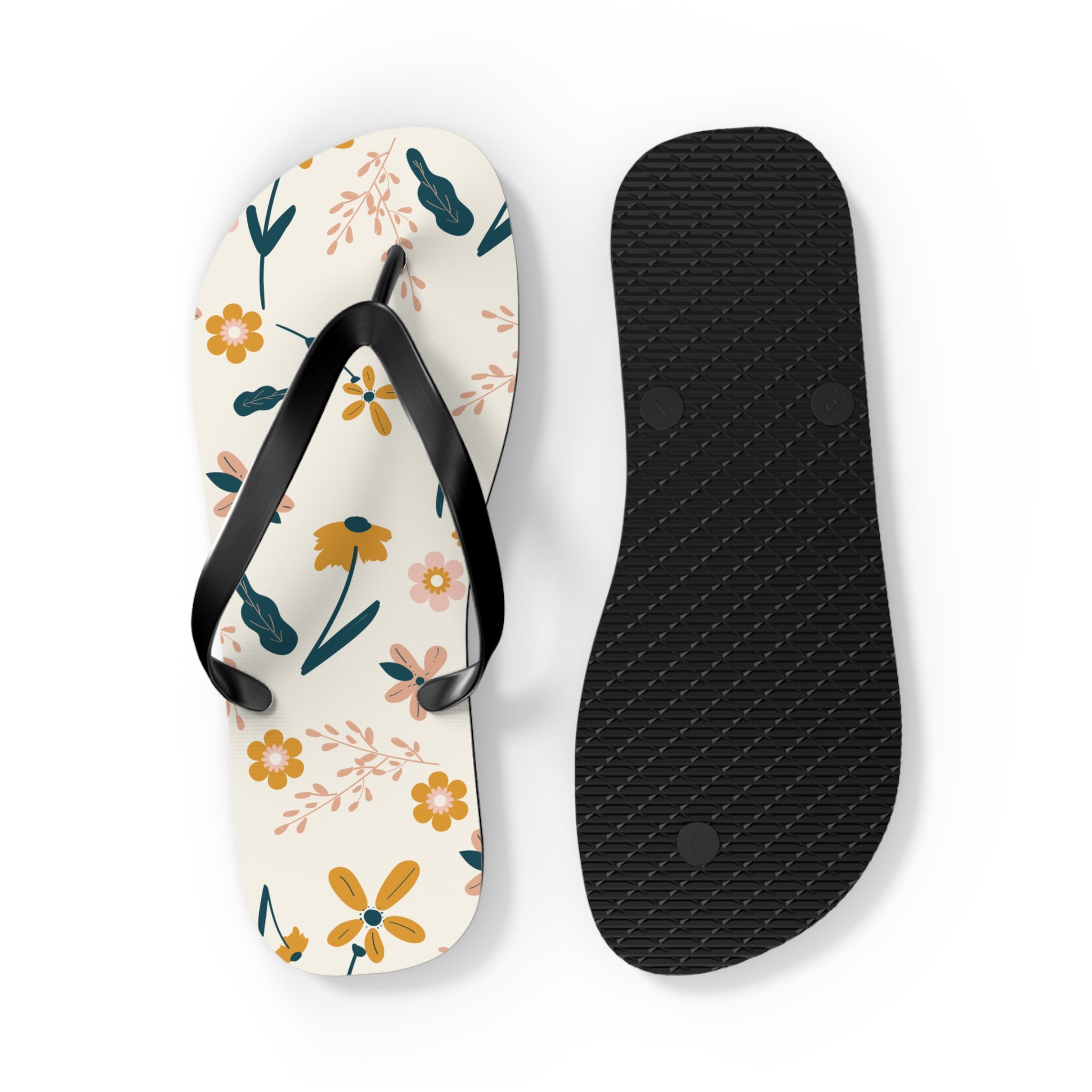 Cream and Orange Creative Floral, Flip Flops for Women, Cute Designs, Everyday Use, Indoor Sleepers