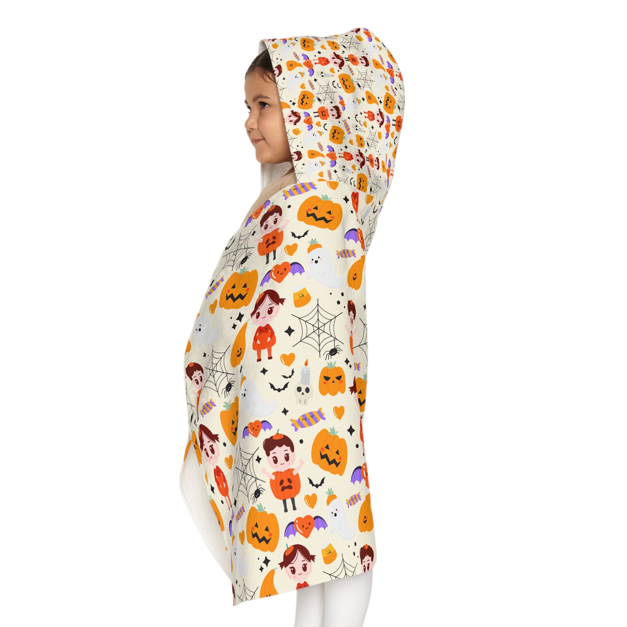 Orange Halloween Cute Design Hooded Towel, Cute Designs - Youth Hooded Towel