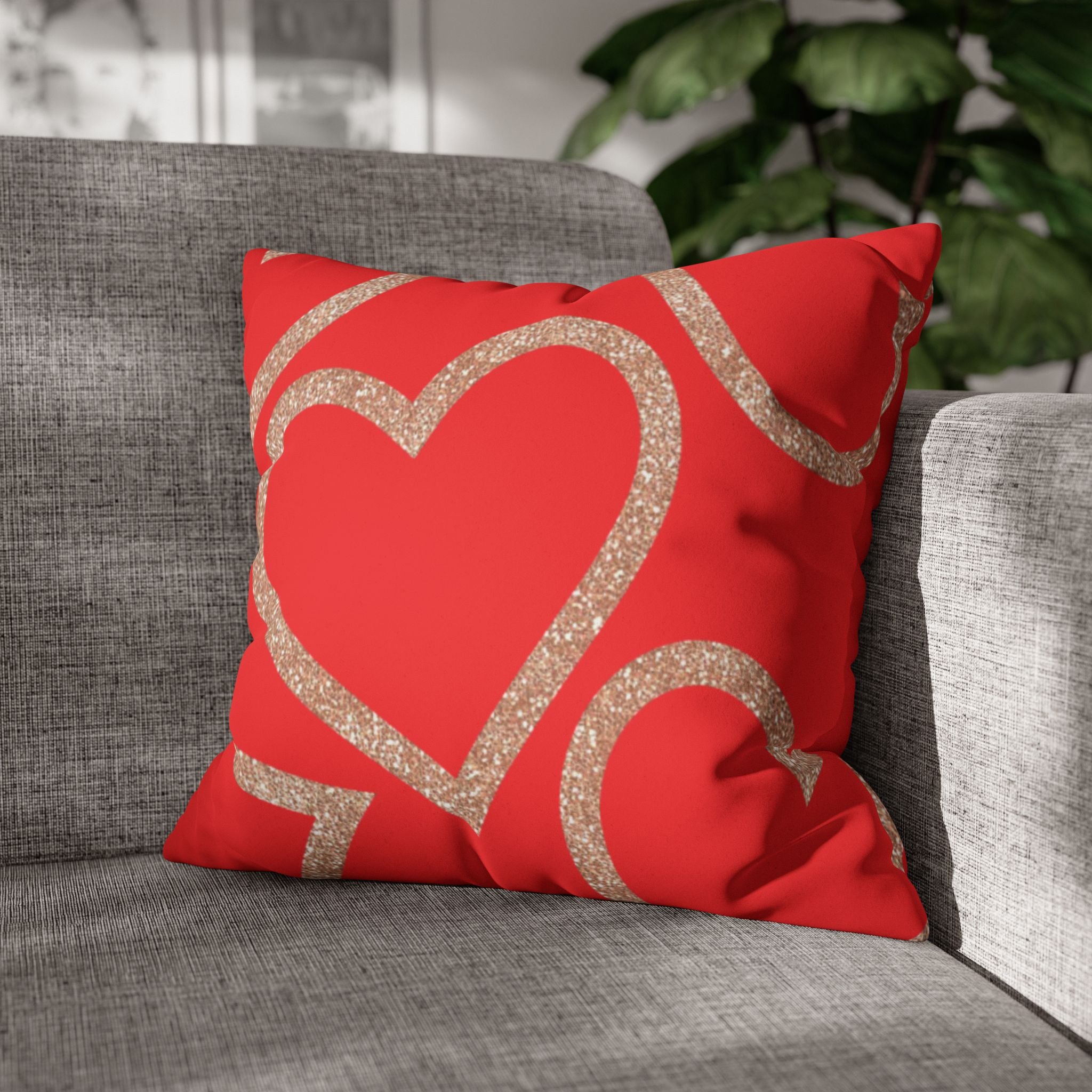 Square Pillowcase - Elegant Red Heart Love - Decorative Pillows Cushion Covers for Couch Chair Bedroom Valentines Decorative, Faux Suede, Home Decor