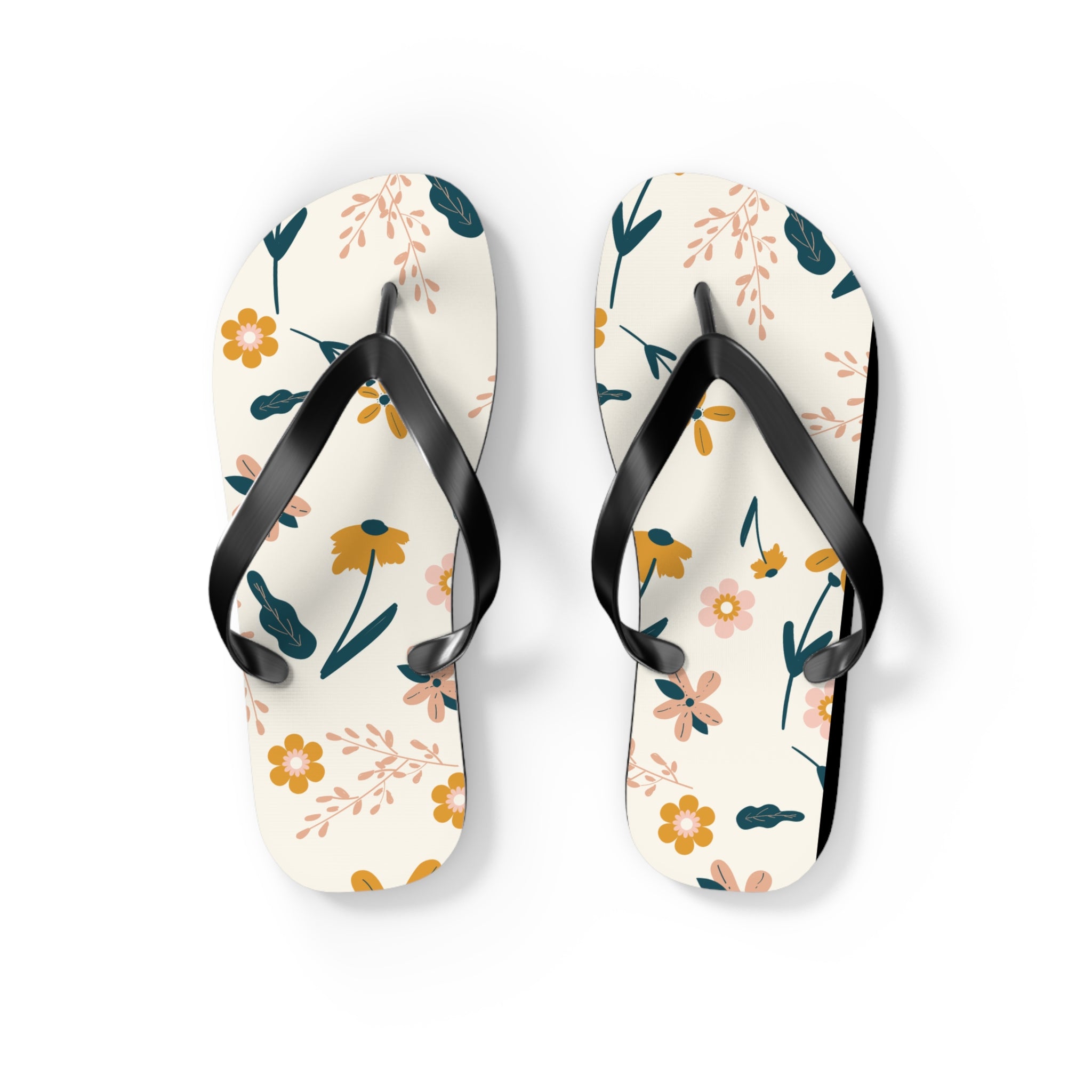 Cream and Orange Creative Floral, Flip Flops for Women, Cute Designs, Everyday Use, Indoor Sleepers