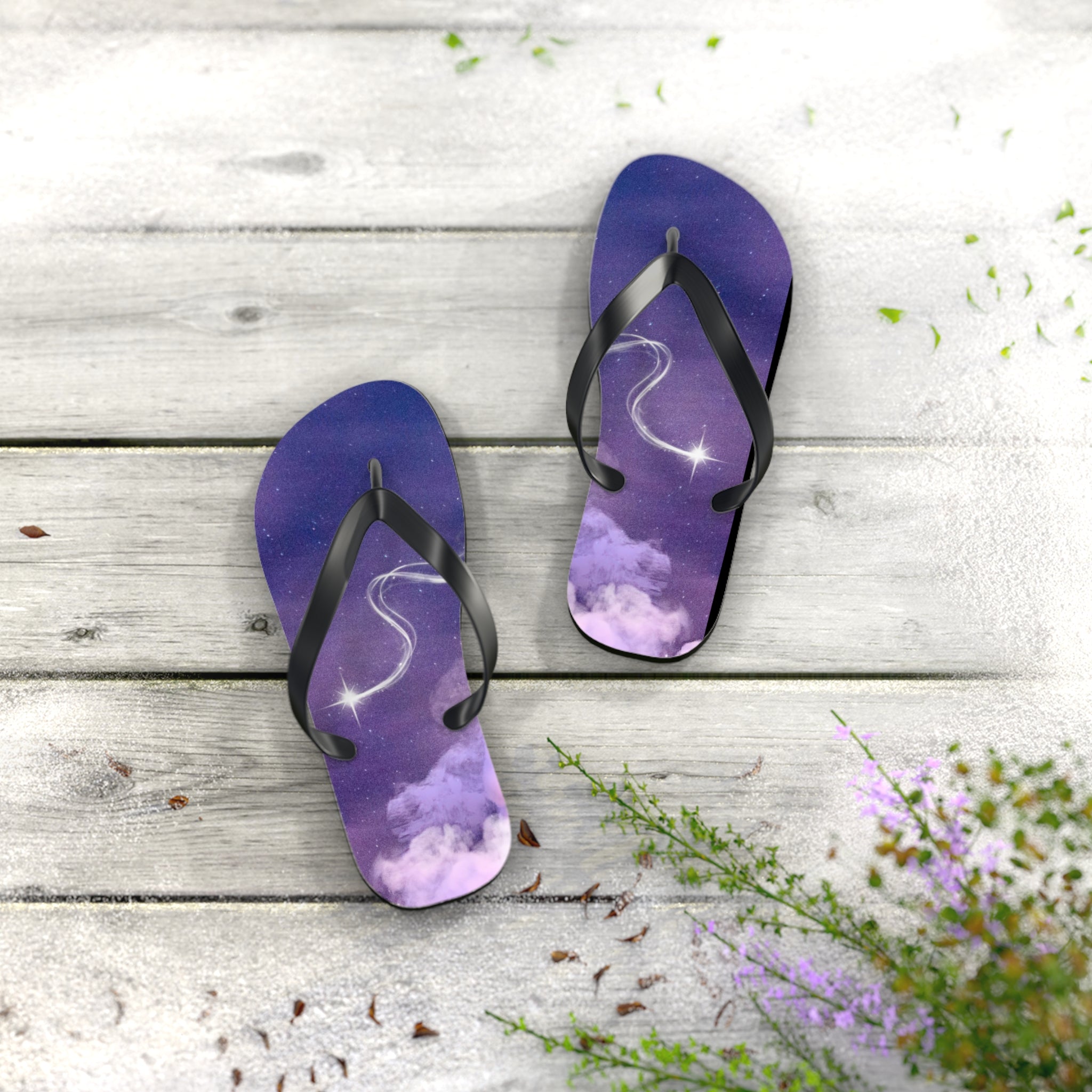 Purple Pink Magic Stars Design, Flip Flops for Women, Cute Designs, Everyday Use, Indoor Sleepers