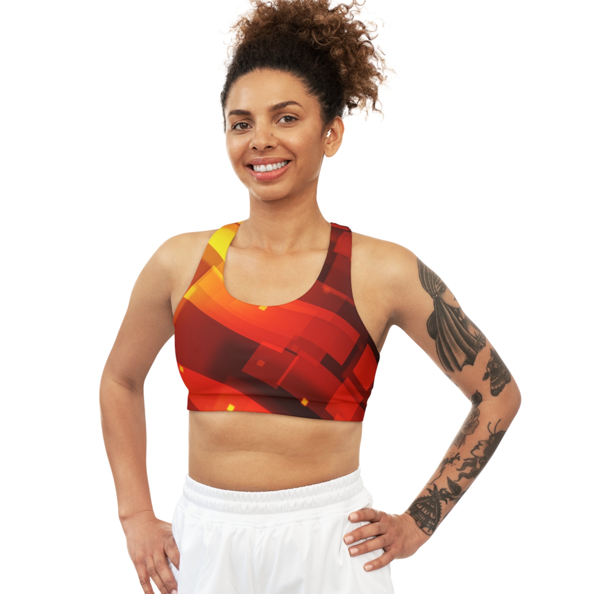 Orange White Yellow Color Seamless, Racerback Sports Bra for Women - High Impact Workout Crop Tank Top