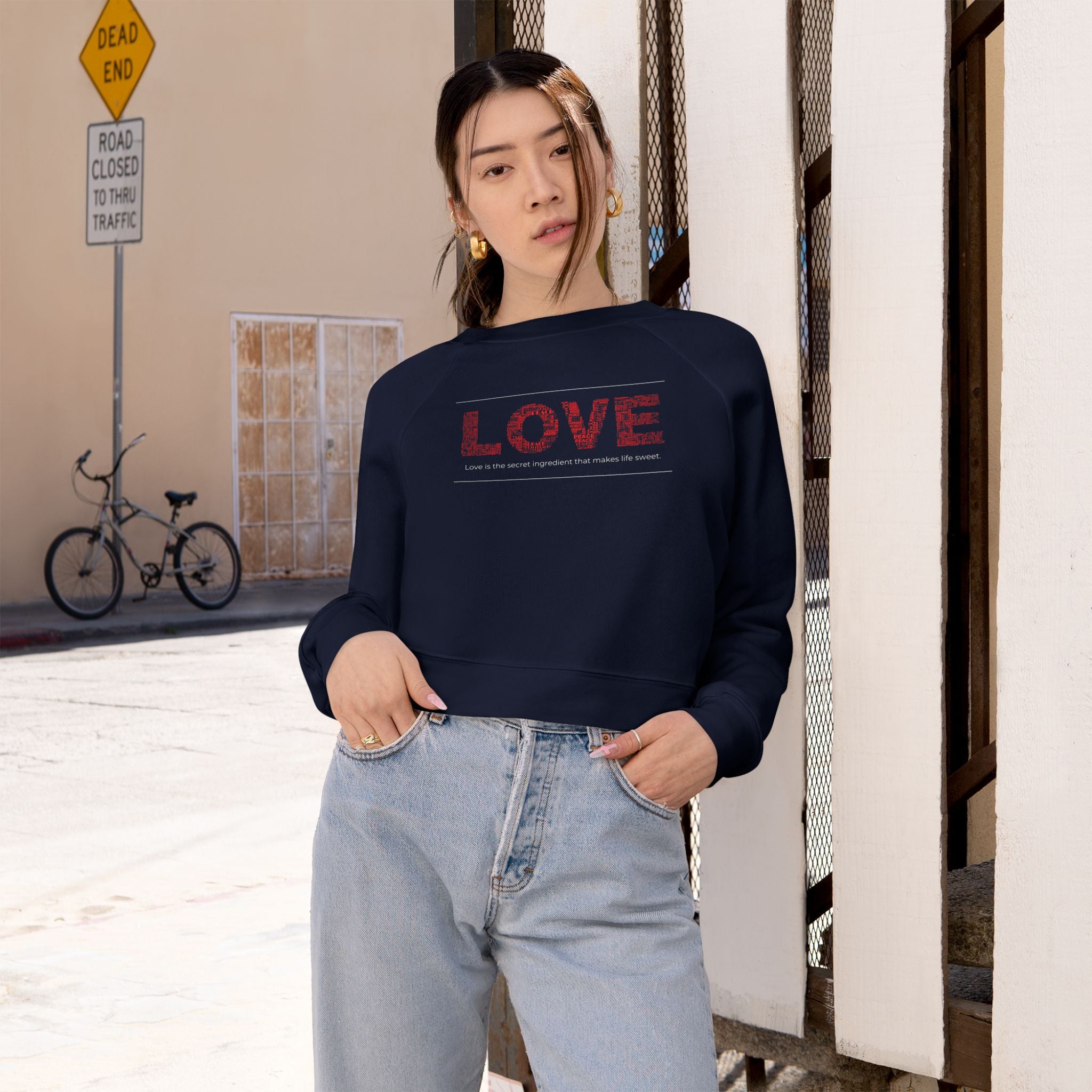 LOVE Modern Graphic Cropped Fleece Pullover, Valentines Gift for Her, Long Sleeve Women's Shirt, Casual Pullover Top, Graphic Heart