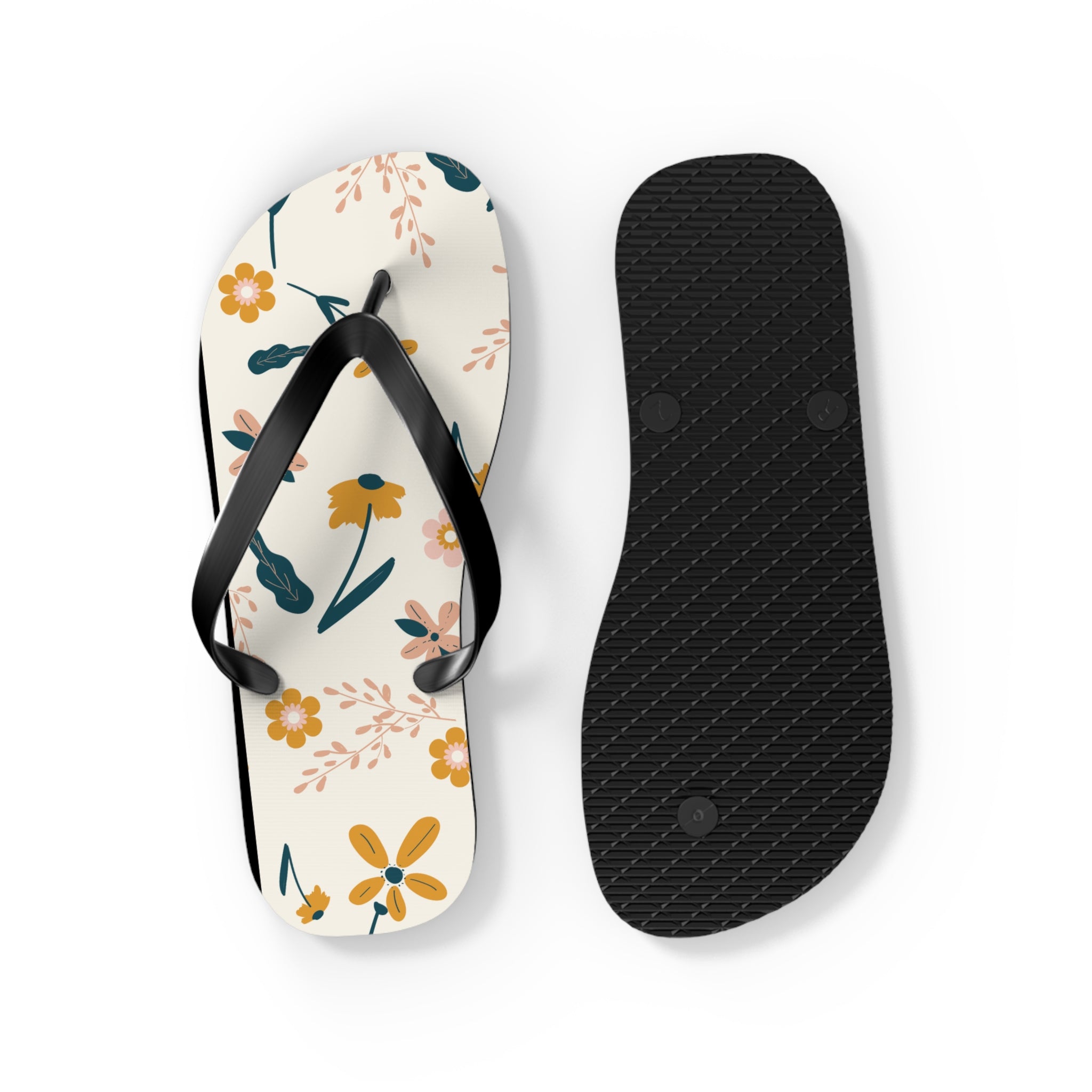 Cream and Orange Creative Floral, Flip Flops for Women, Cute Designs, Everyday Use, Indoor Sleepers