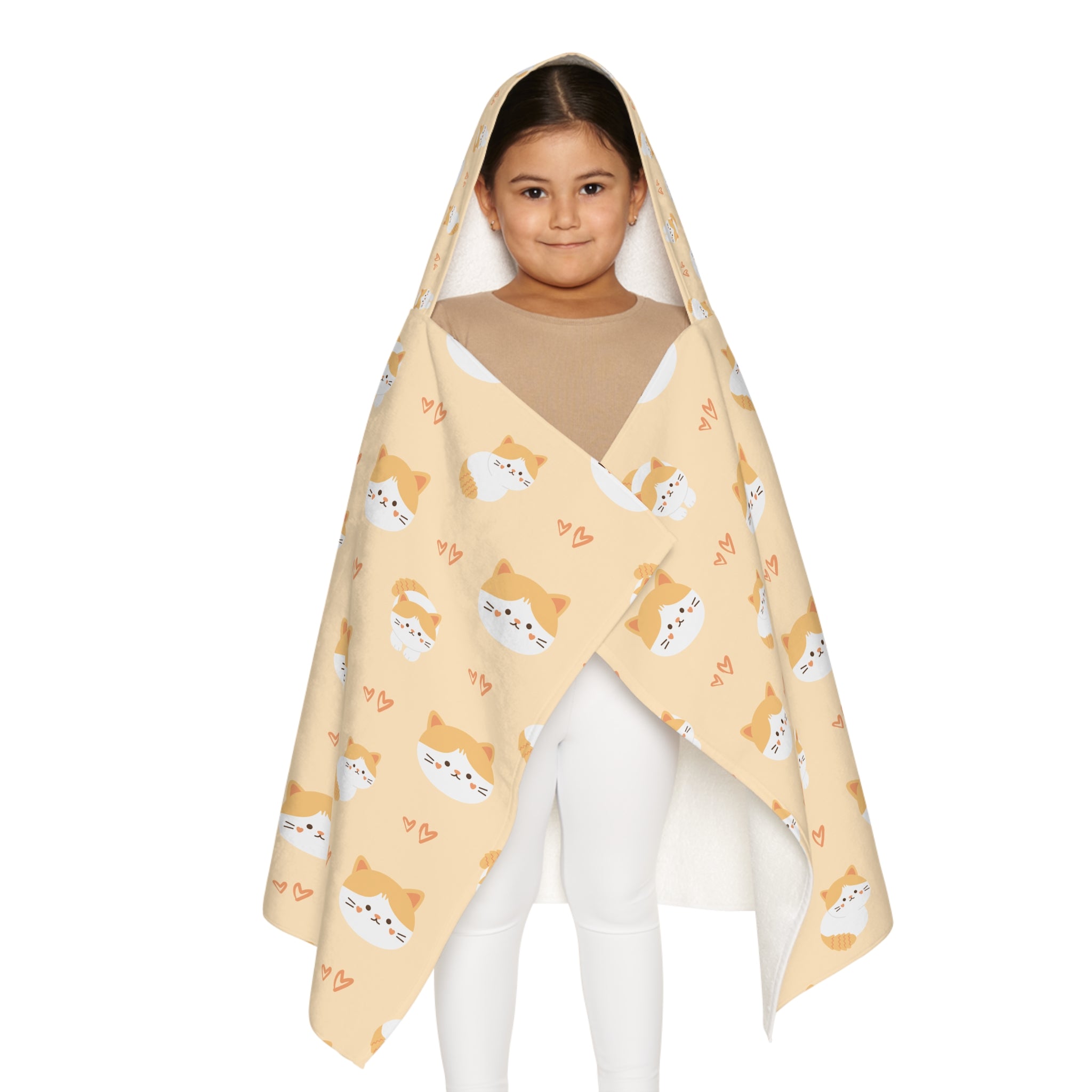 White and Yellow Cute Cat Kids Hooded Towel, Cute Designs - Youth Hooded Towel