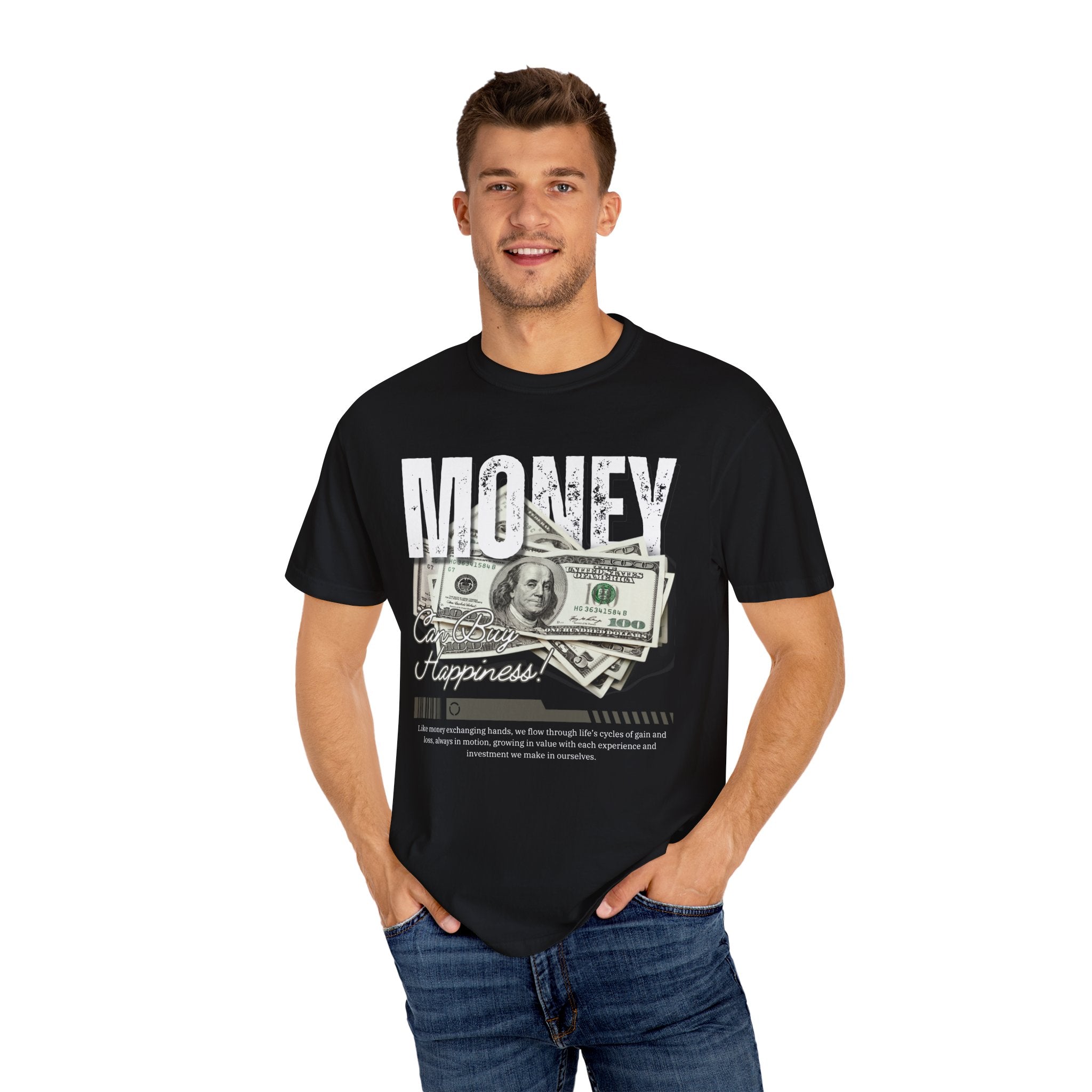 Money Can Buy Happiness, Graphic Design Unisex T-shirt, Casual Cotton Outwear, Gift for Him- Gift for Her, Stylish Tee, Cool Shirt, Trendy Apparel, Comfortable Top,