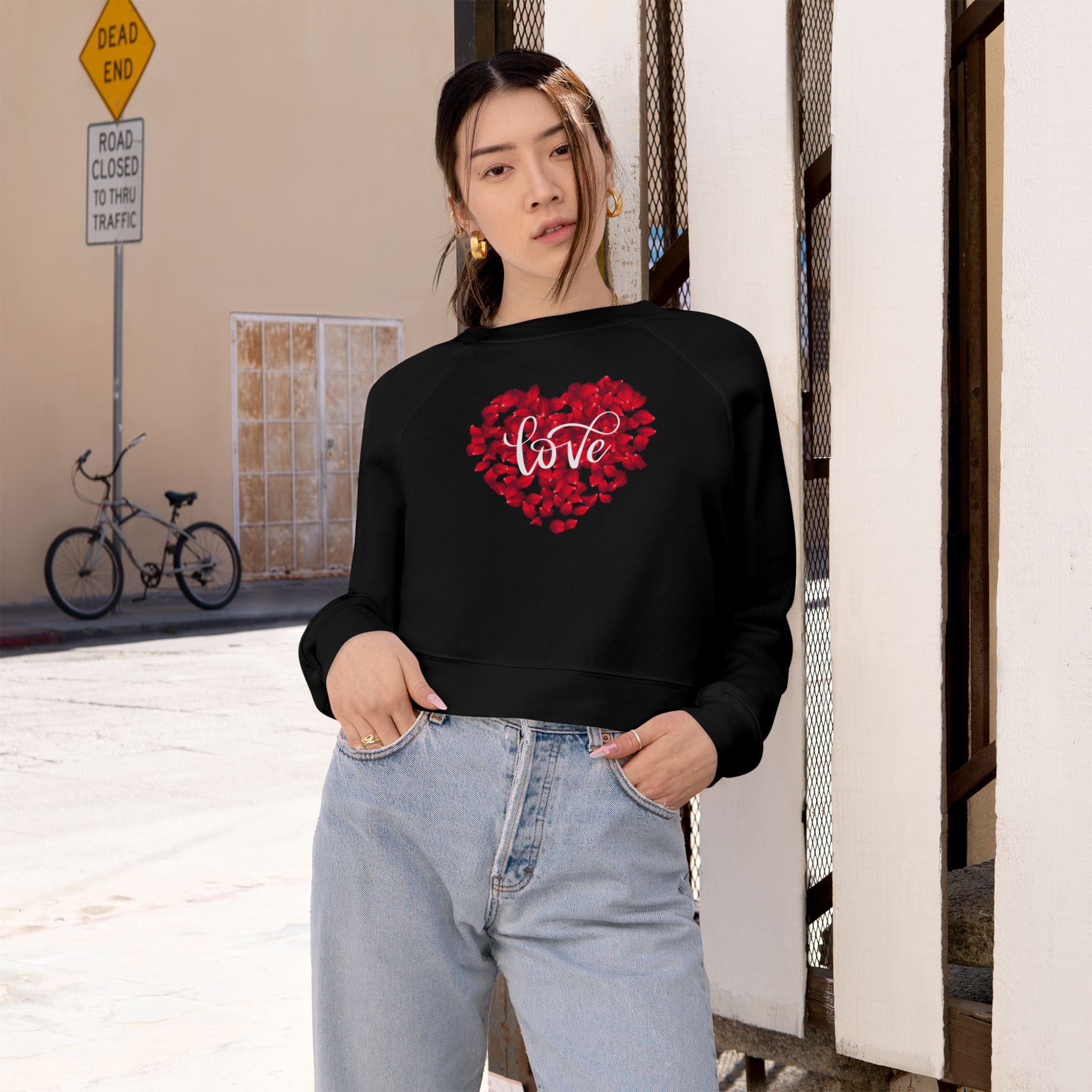 Heart Love Cute Valentines' Cropped Fleece Pullover, Valentines Gift for Her, Long Sleeve Women's Shirt, Casual Pullover Top, Graphic Shirt Valentines Gift for Teachers