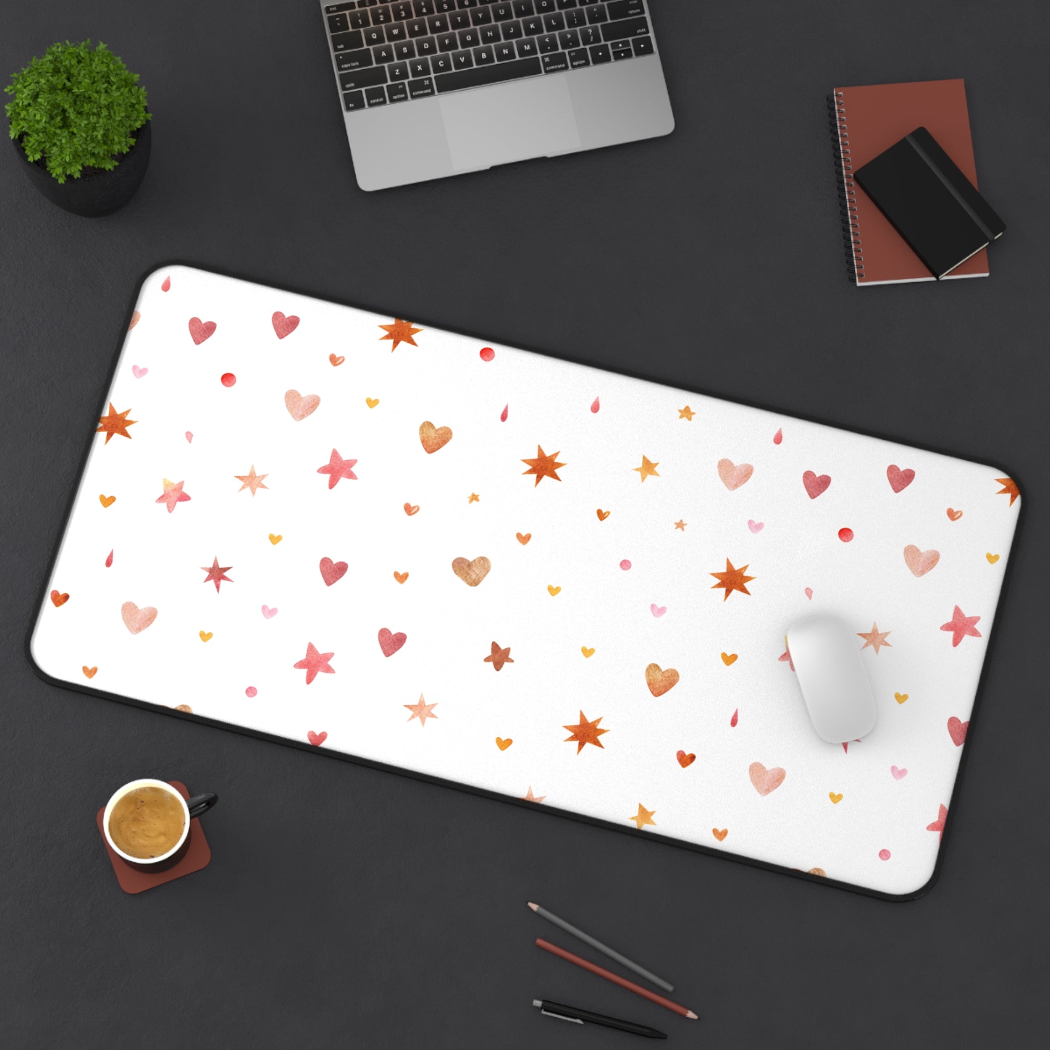 Beige And White Cute Hearts Dots And Stars, Valentines Gift, Mouse Pad, Desk Matt for Desktop, Cute Desk Pad Mat, XXL Large Mouse Pad for Desk, Anti-Slip Big Mousepad with Stitched Edges, Keyboard Pad Mouse Mat for Computer