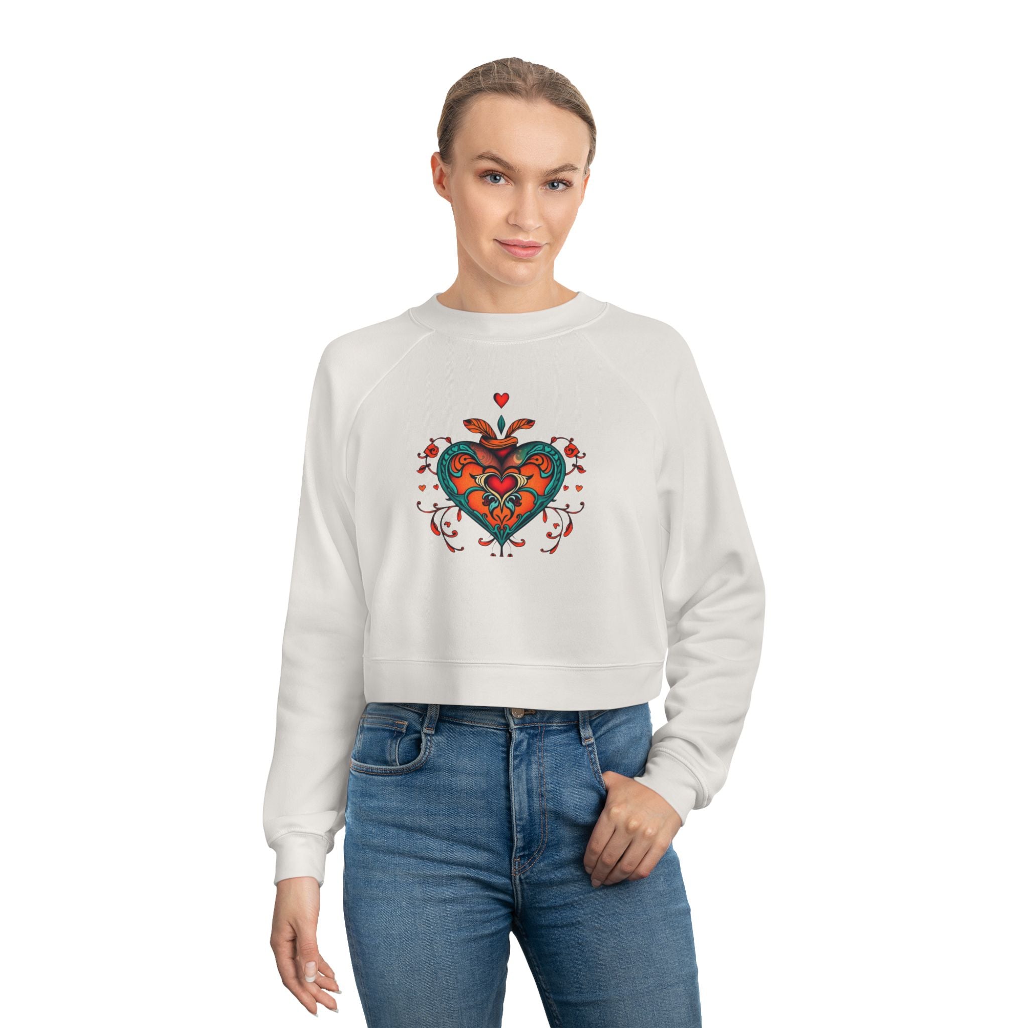 Heart Graphic Cropped Fleece Pullover, Valentines Gift for Her, Long Sleeve Women's Shirt, Casual Pullover Top, Graphic Heart