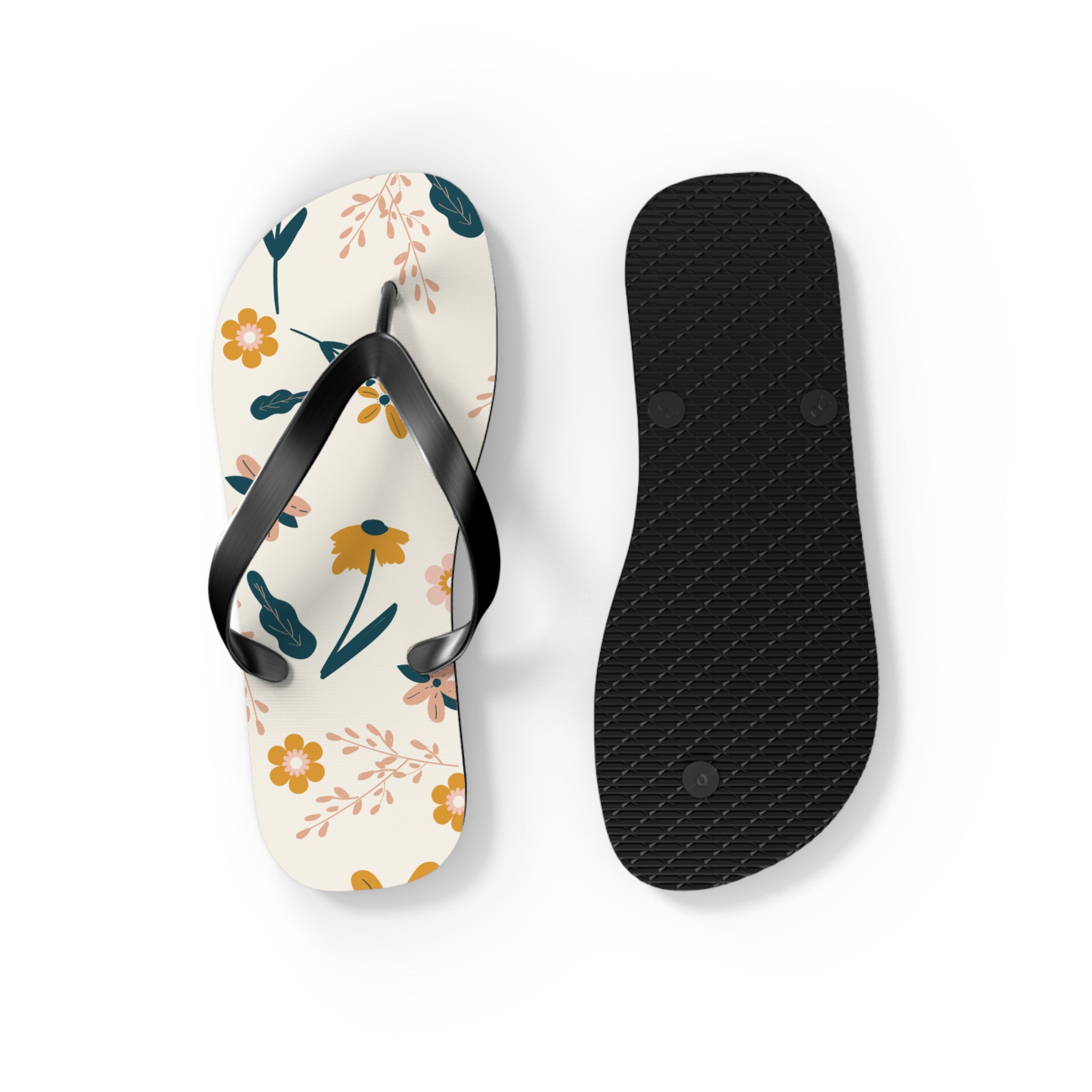 Cream and Orange Creative Floral, Flip Flops for Women, Cute Designs, Everyday Use, Indoor Sleepers