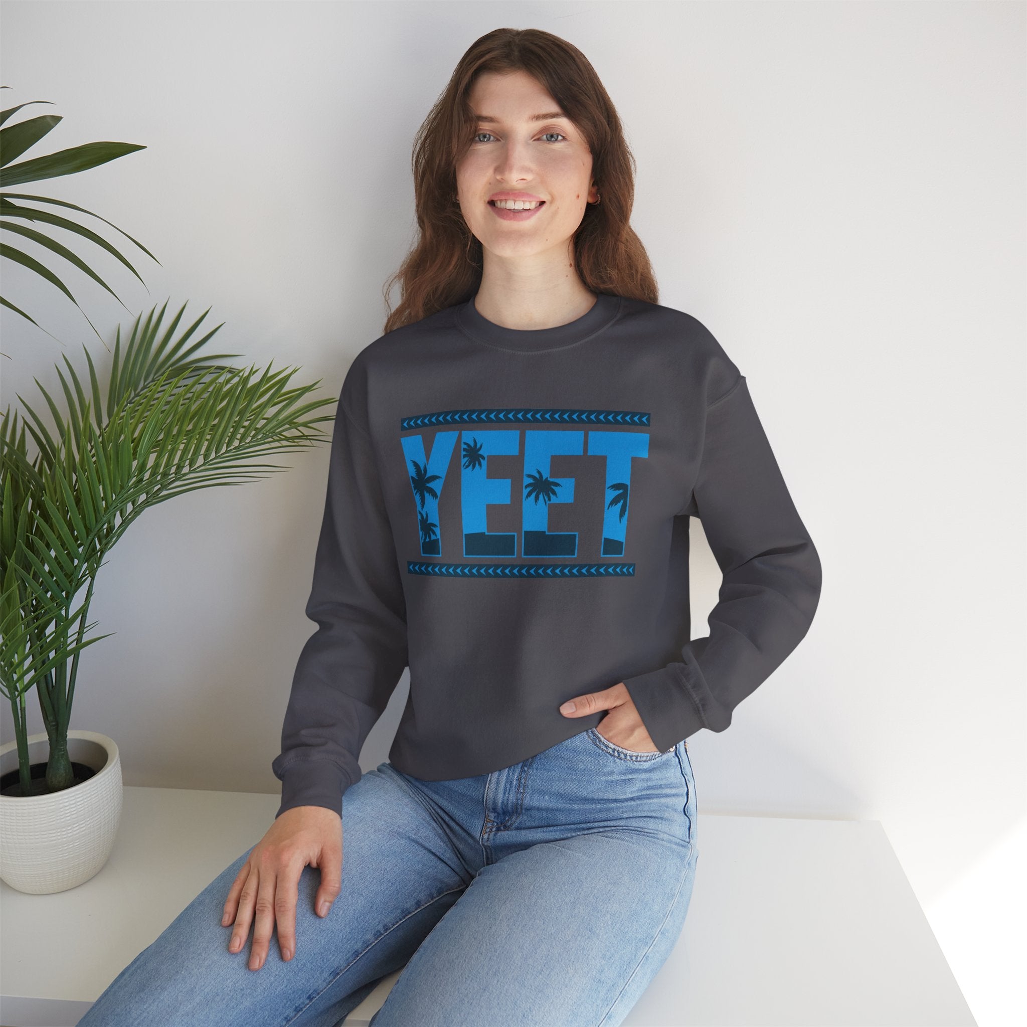 Blue Grey Yeet Palm Tree Sweatshirt, Wrestling Fan Unisex Sweatshirt - Gift for Him or Her, Casual Outwear, Heavy Blend Crewneck Sweatshirt