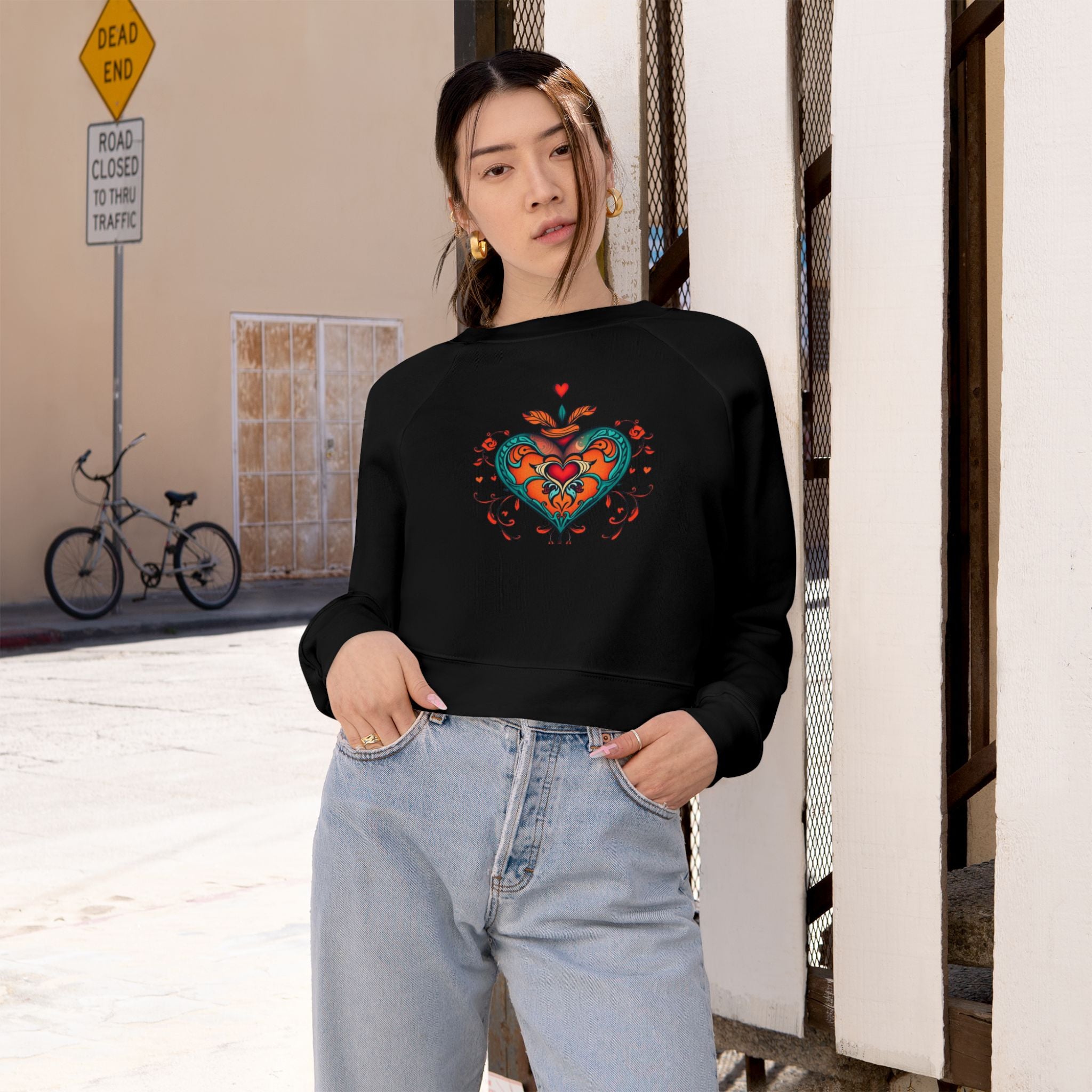 Heart Graphic Cropped Fleece Pullover, Valentines Gift for Her, Long Sleeve Women's Shirt, Casual Pullover Top, Graphic Heart