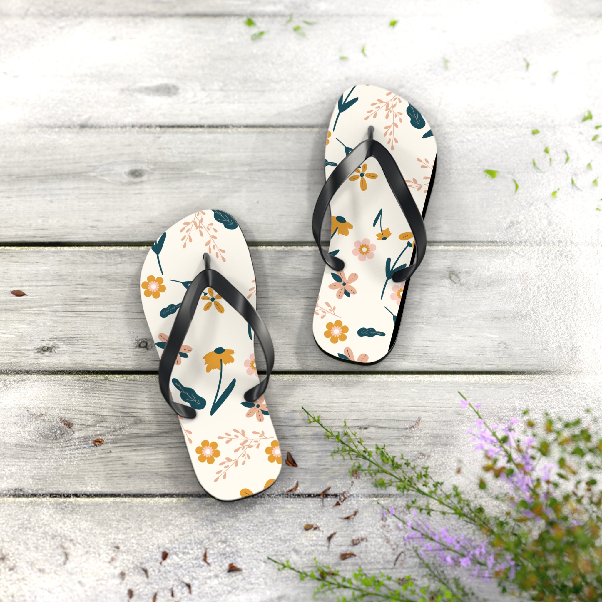 Cream and Orange Creative Floral, Flip Flops for Women, Cute Designs, Everyday Use, Indoor Sleepers