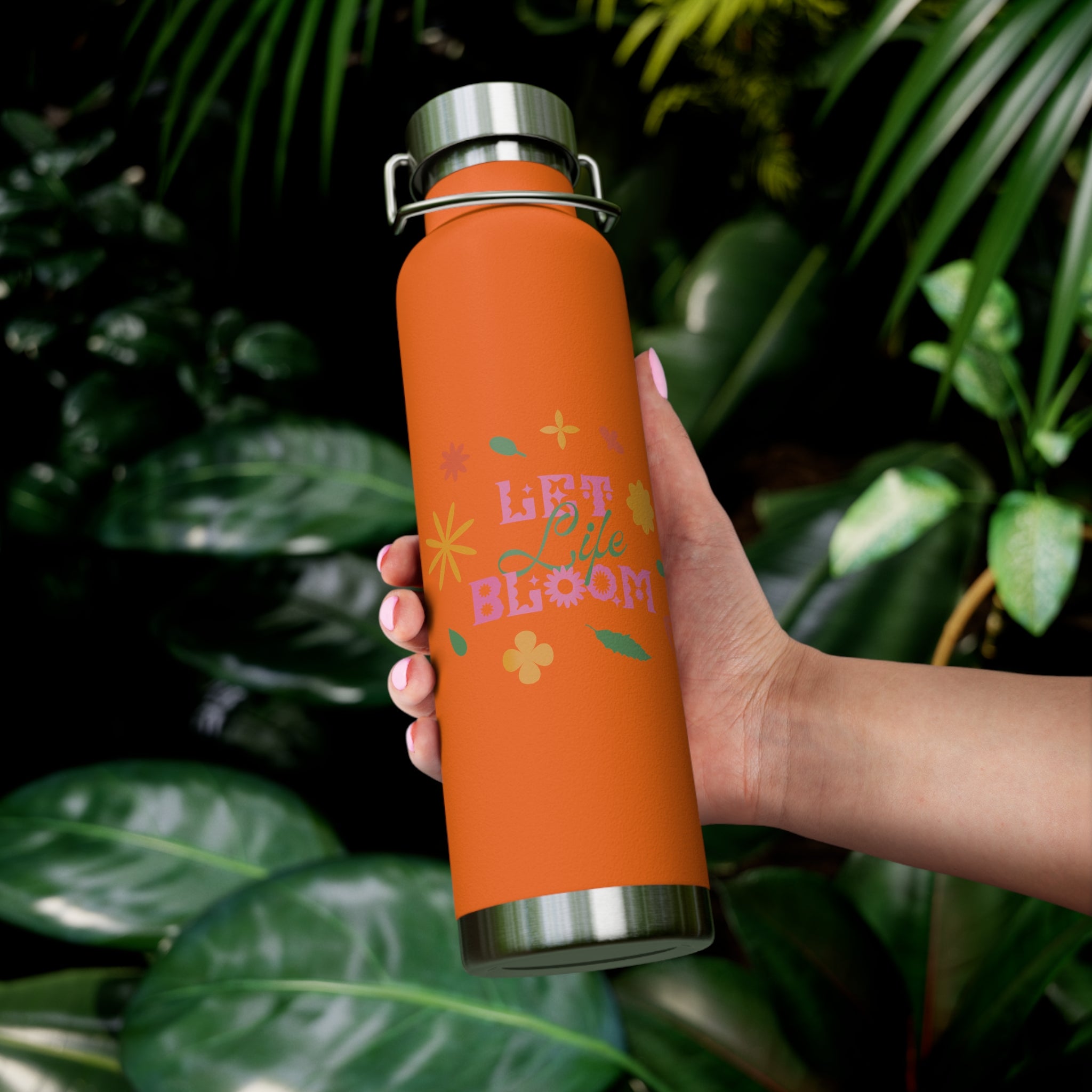 "Let Life Bloom"  Copper Water Bottle, Inspirational Quote, Gift Tumbler, 22oz, Motivational Drinkware, Stainless Steel Thermos