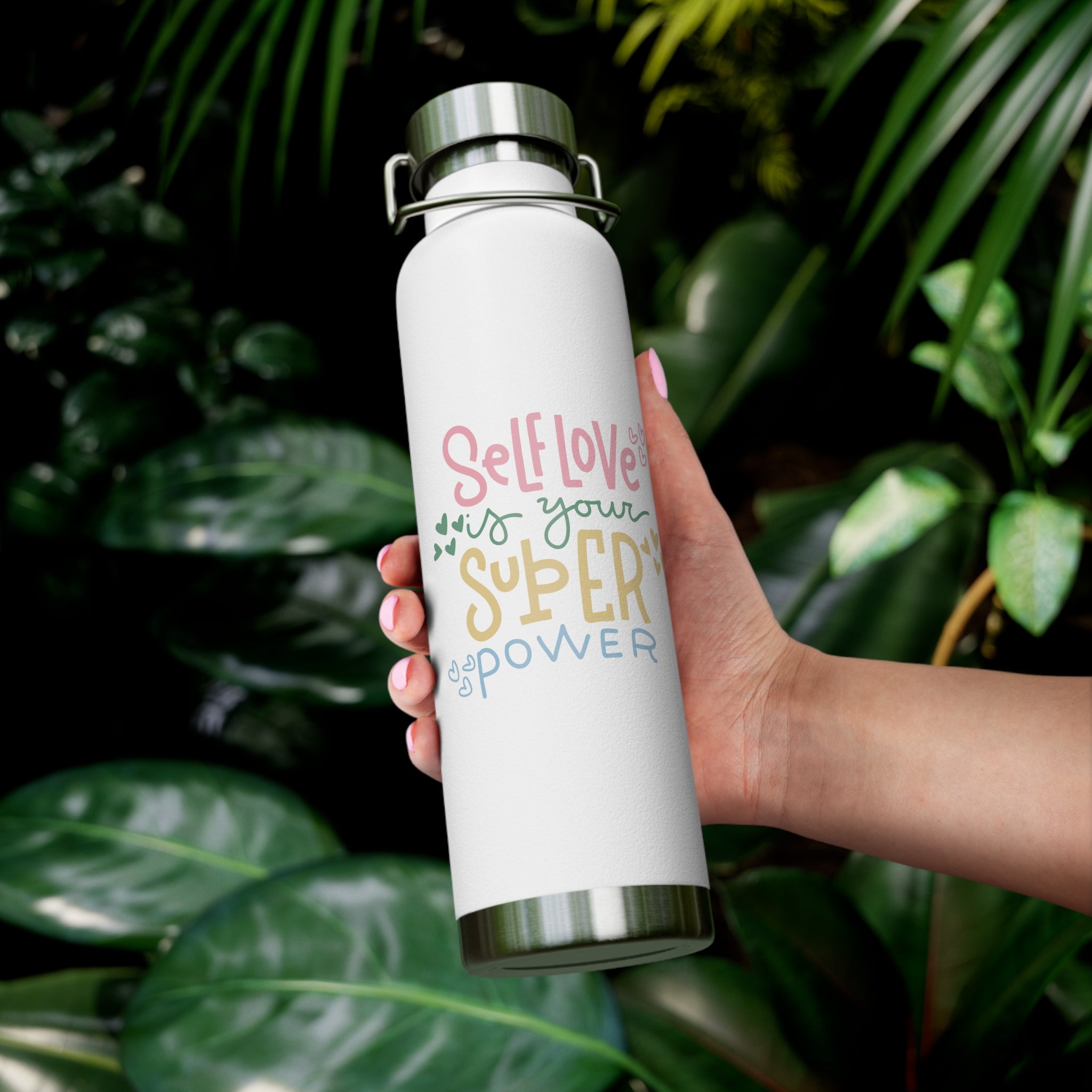 "Self Love Is Your Super Power" Copper Water Bottle, Inspirational Quote, Gift Tumbler, 22oz, Motivational Drinkware, Stainless Steel Thermos