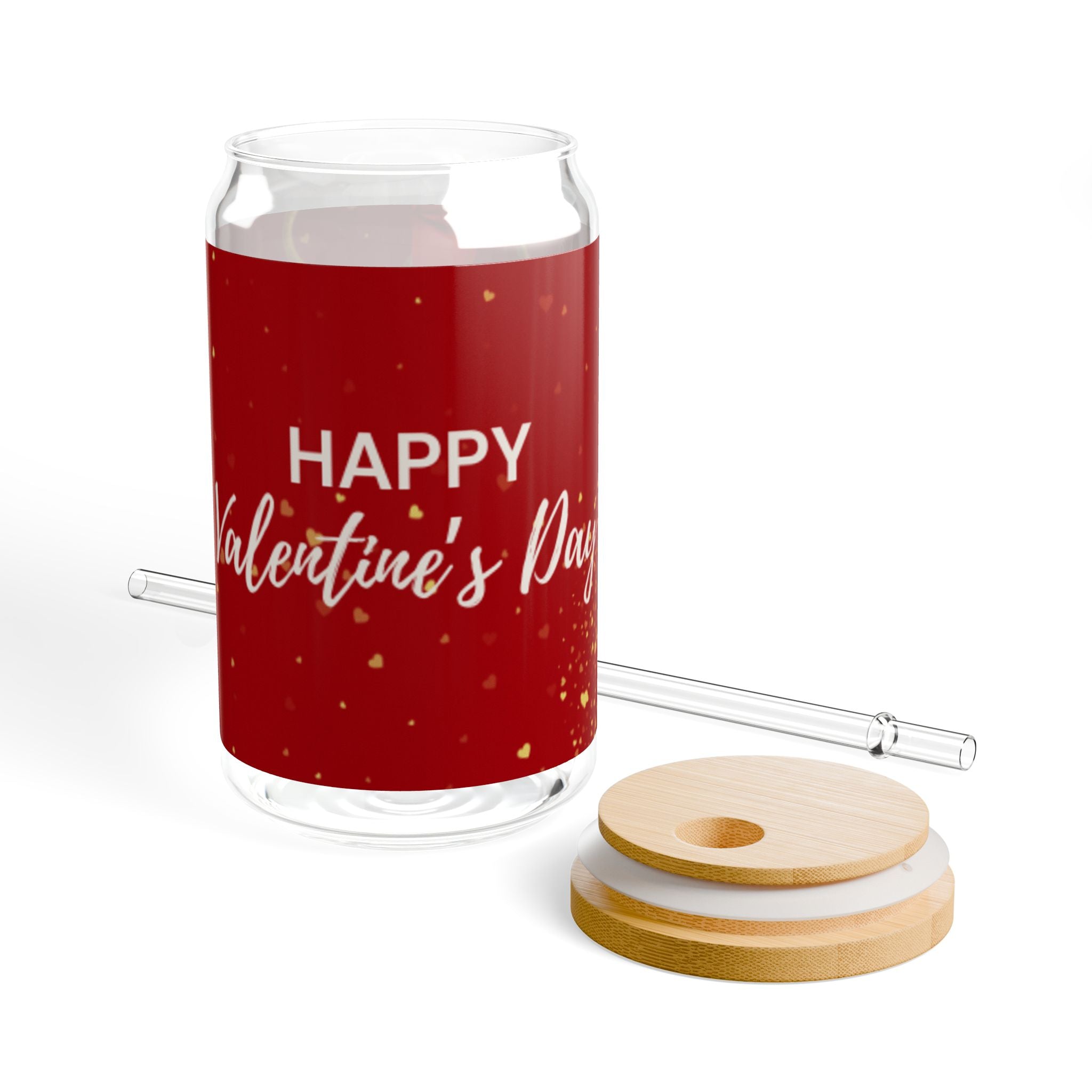 Glass Sipper 16oz -Glitter Hearts Valentines Day Gift for Teachers, Girlfriend, Boyfriend, Valentines Give Away, Glasses Drinking Set, Iced Coffee Cup with Bamboo Lids, Drinking Glasses Tumbler with Straw and Lid, Glass Can Coffee Cups, Drinking Glassware