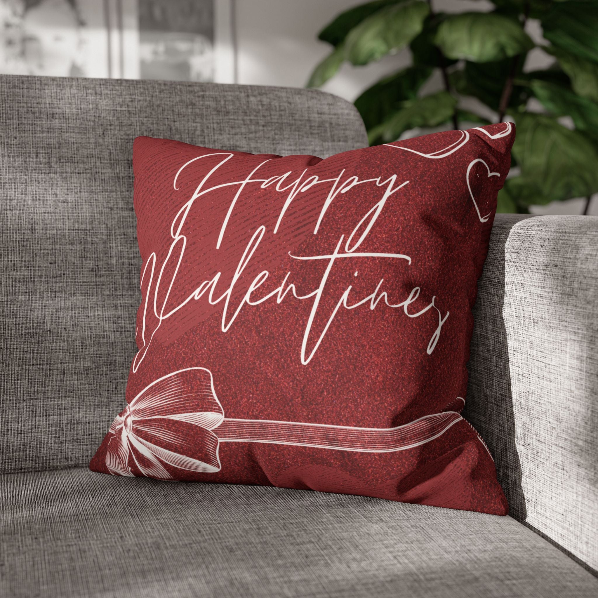 Square Pillowcase - Elegant Happy Valentines - Decorative Pillows Cushion Covers for Couch Chair Bedroom Valentines Decorative, Faux Suede, Home Decor