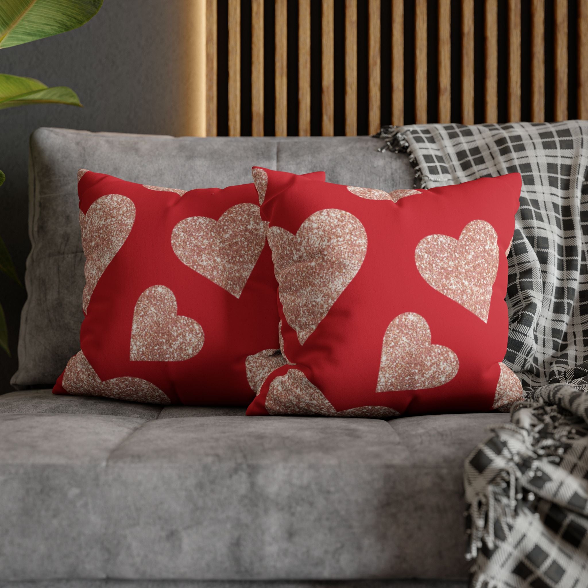 Square Pillowcase - Red and Gold Heart - Decorative Pillows Cushion Covers for Couch Chair Bedroom Valentines Decorative, Faux Suede, Home Decor