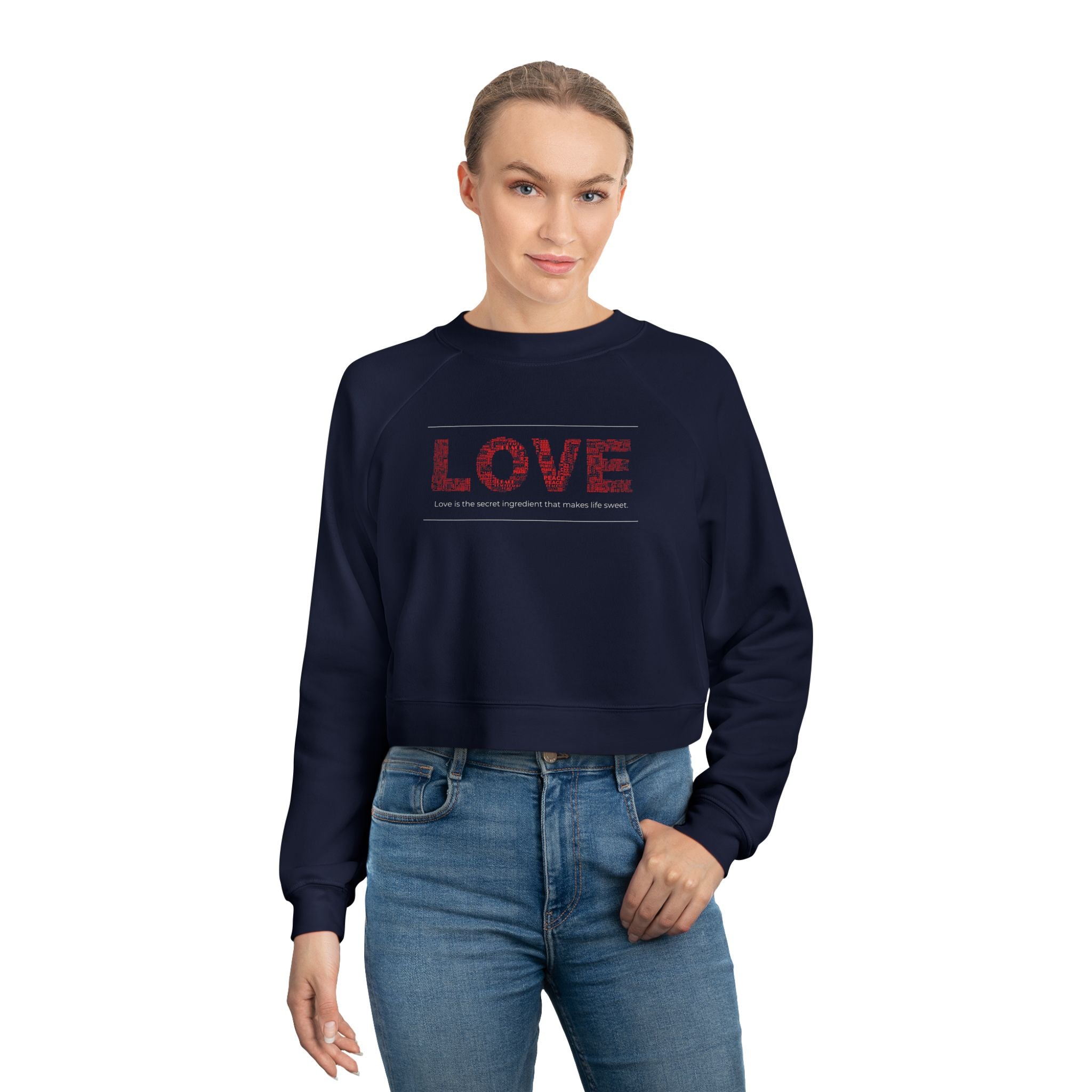 LOVE Modern Graphic Cropped Fleece Pullover, Valentines Gift for Her, Long Sleeve Women's Shirt, Casual Pullover Top, Graphic Heart