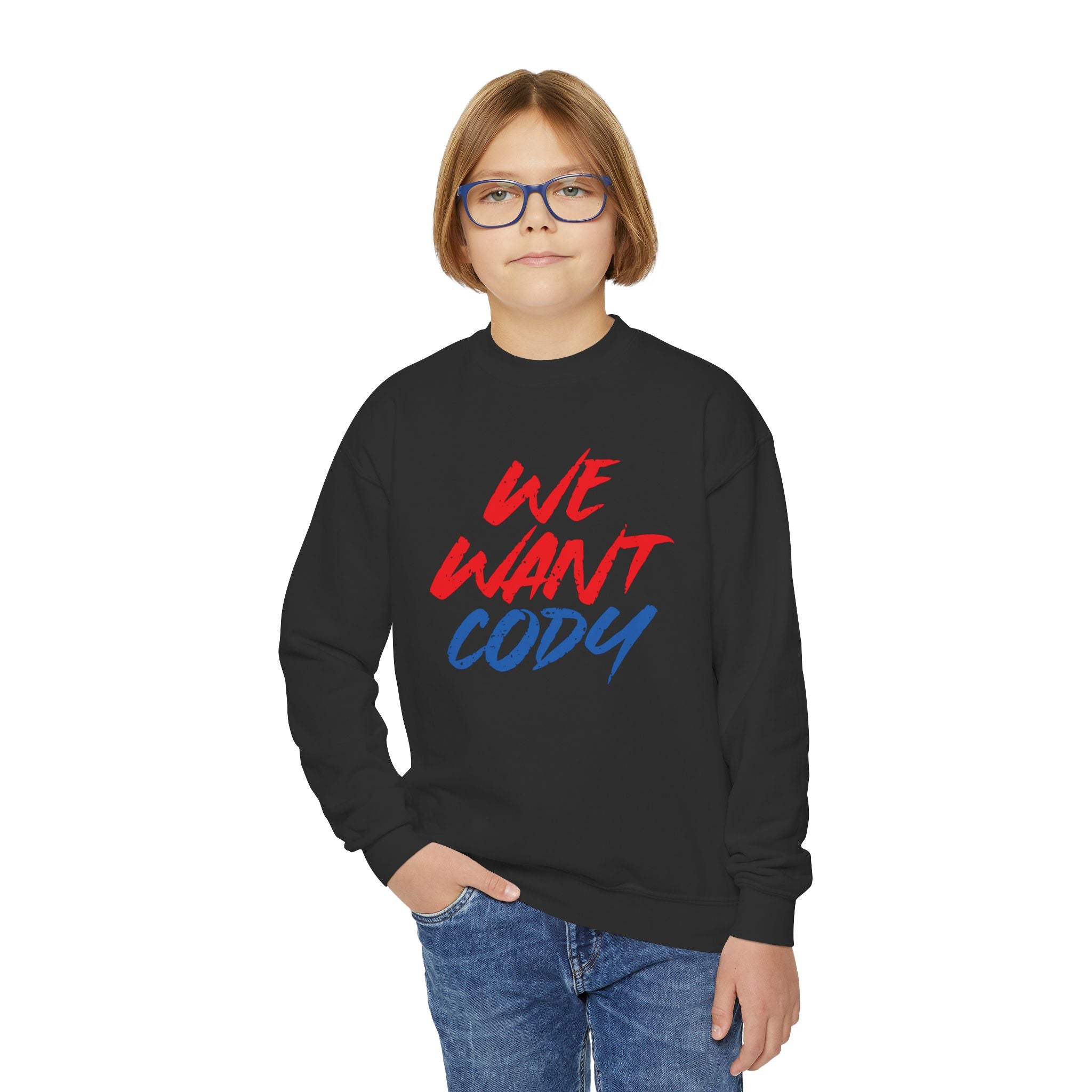 Cody Rhodes "We Want Cody" Design, Youth Sports Fan Crewneck Sweatshirt for Kids, Perfect Gift for Kids, Unisex Sweatshirt, Casual Outwear